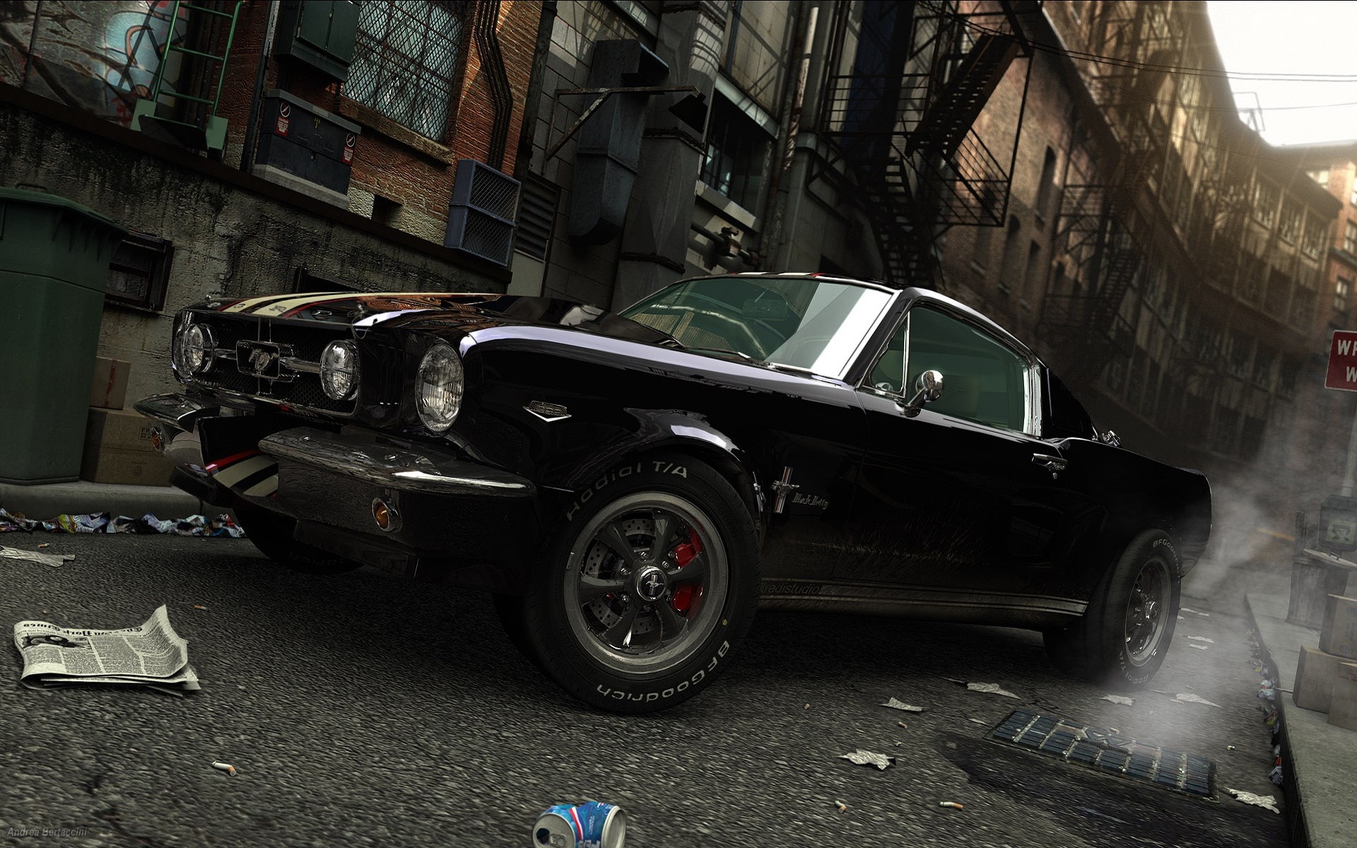 Black Ford Mustang muscle car in an urban alley HD Wallpaper