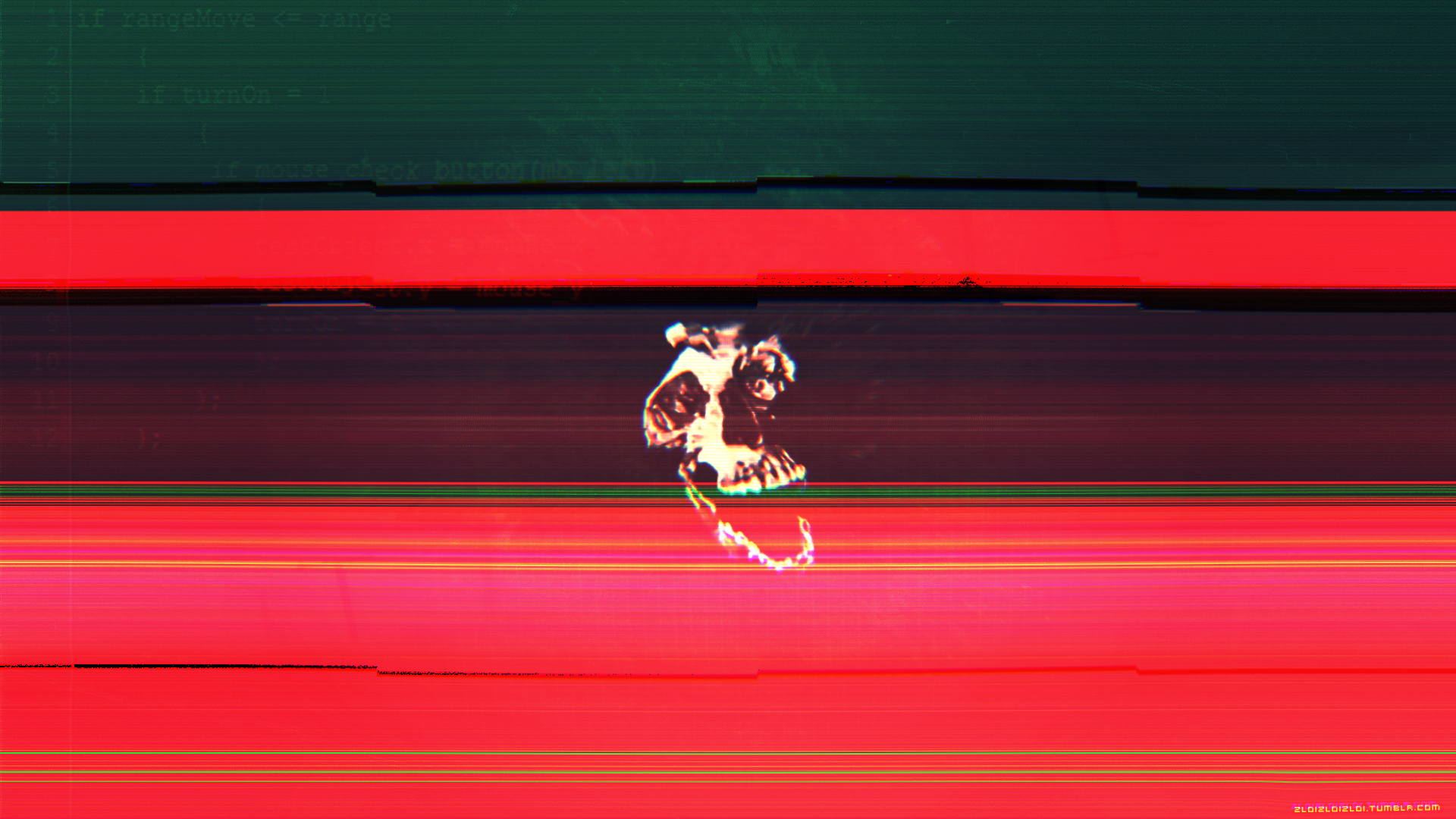 Glitch art with abstract red lines and a figure HD Wallpaper