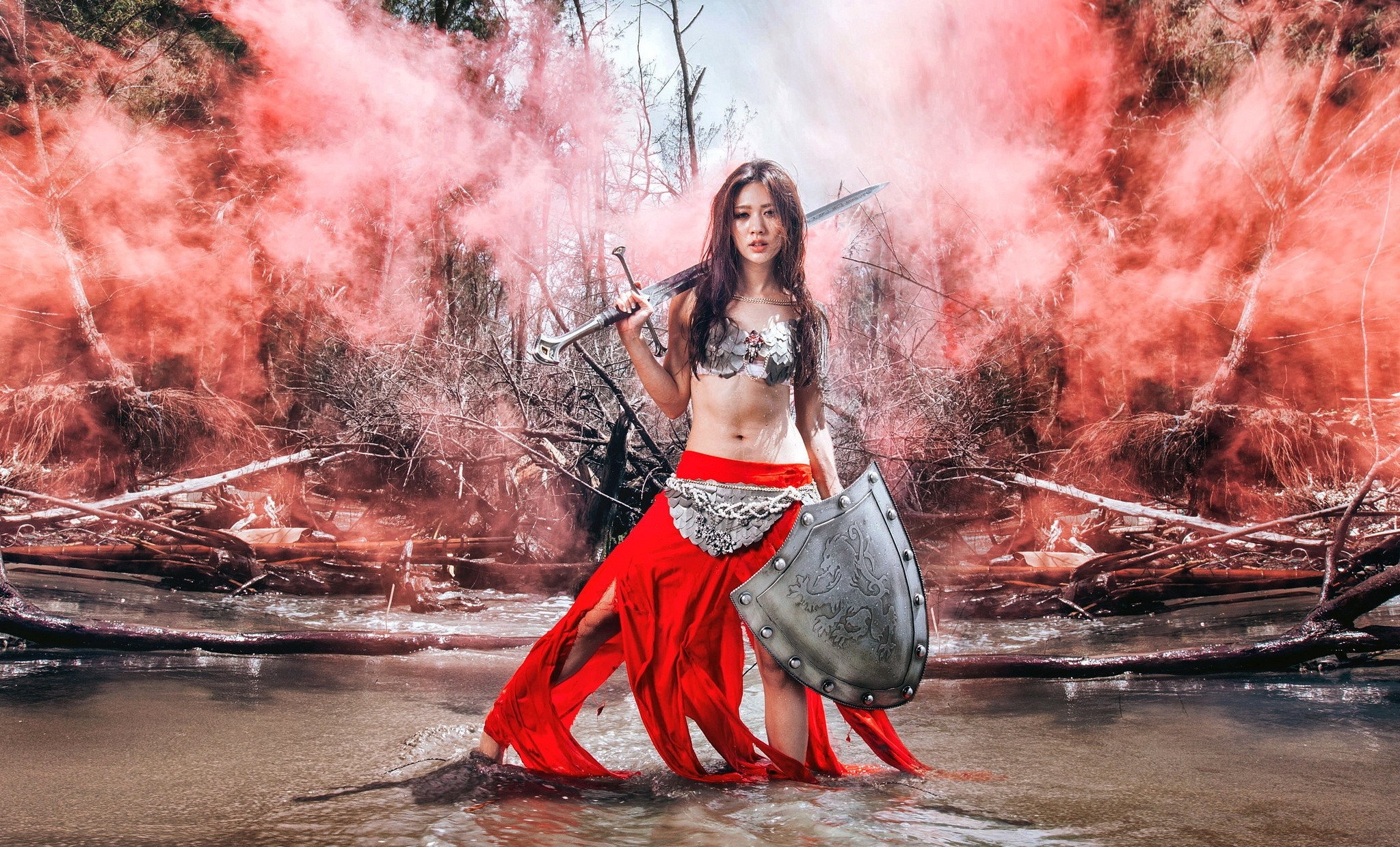 Warrior woman with sword and shield in red smoke HD Wallpaper