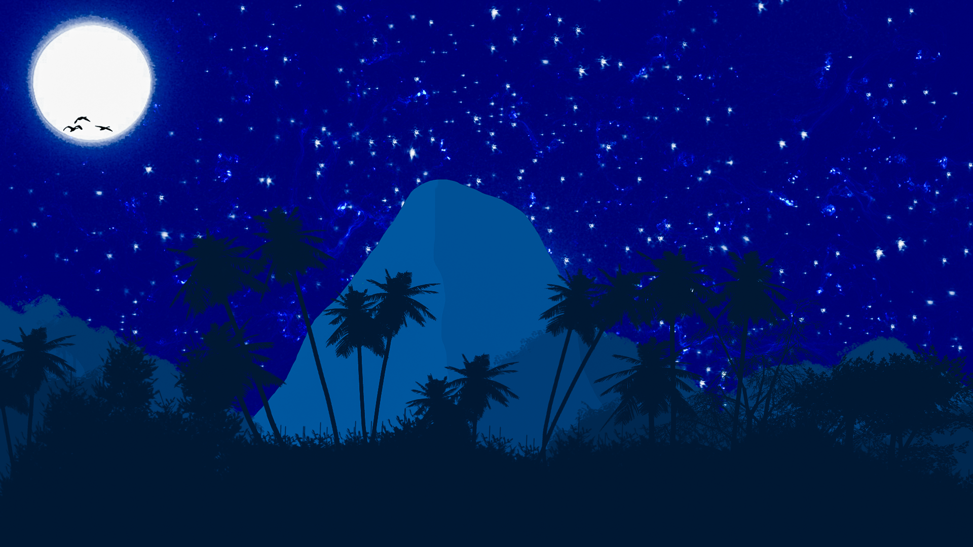 Night landscape with moon, stars, and palm trees HD Wallpaper