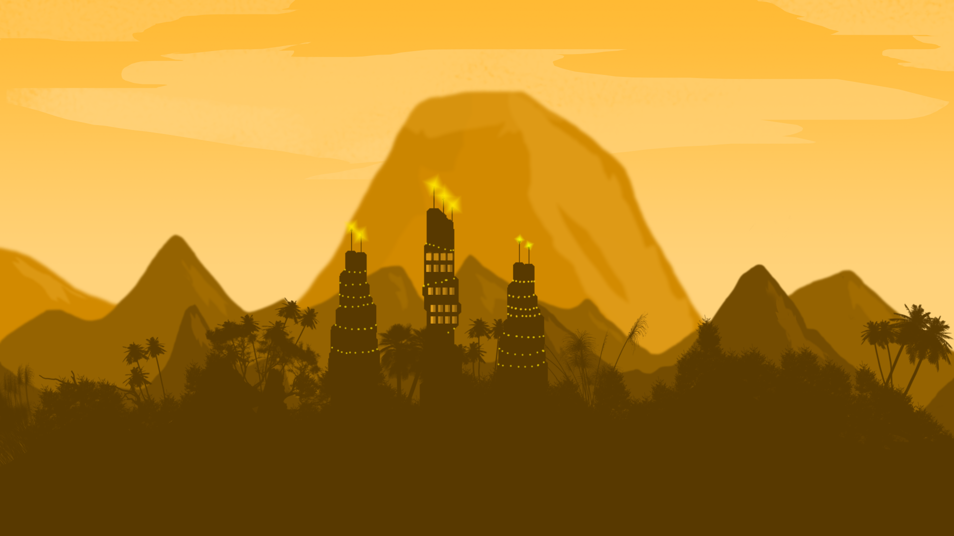 Digital art illustration of a silhouetted city with mountains HD Wallpaper