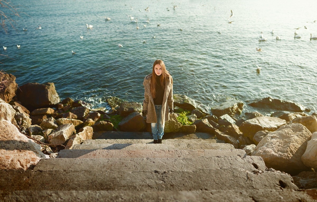 Woman standing on steps by the sea with birds HD Wallpaper