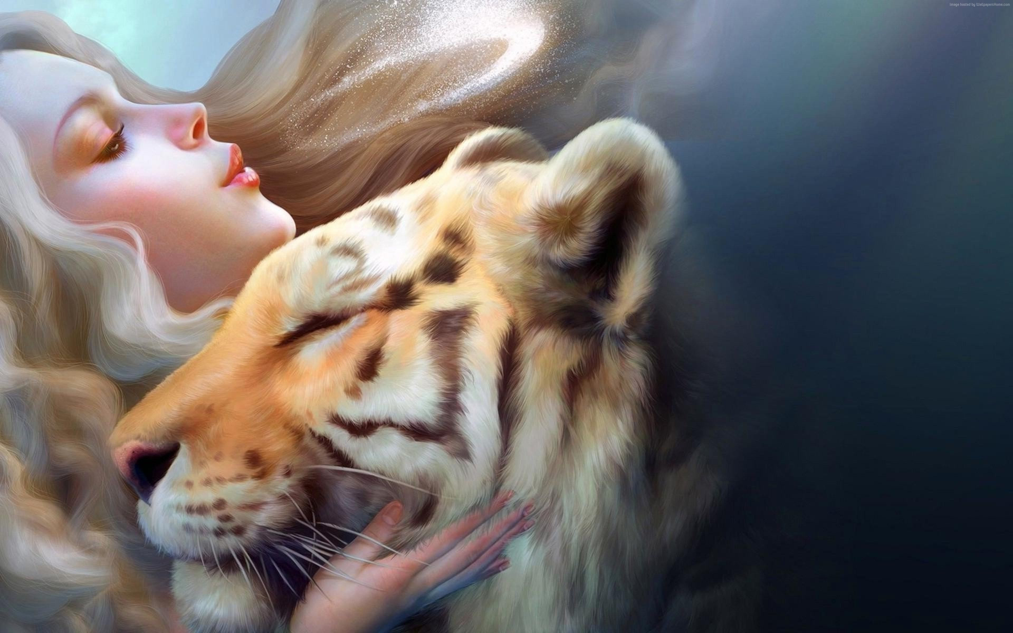 Girl and Tiger Art 4K HD Wallpaper