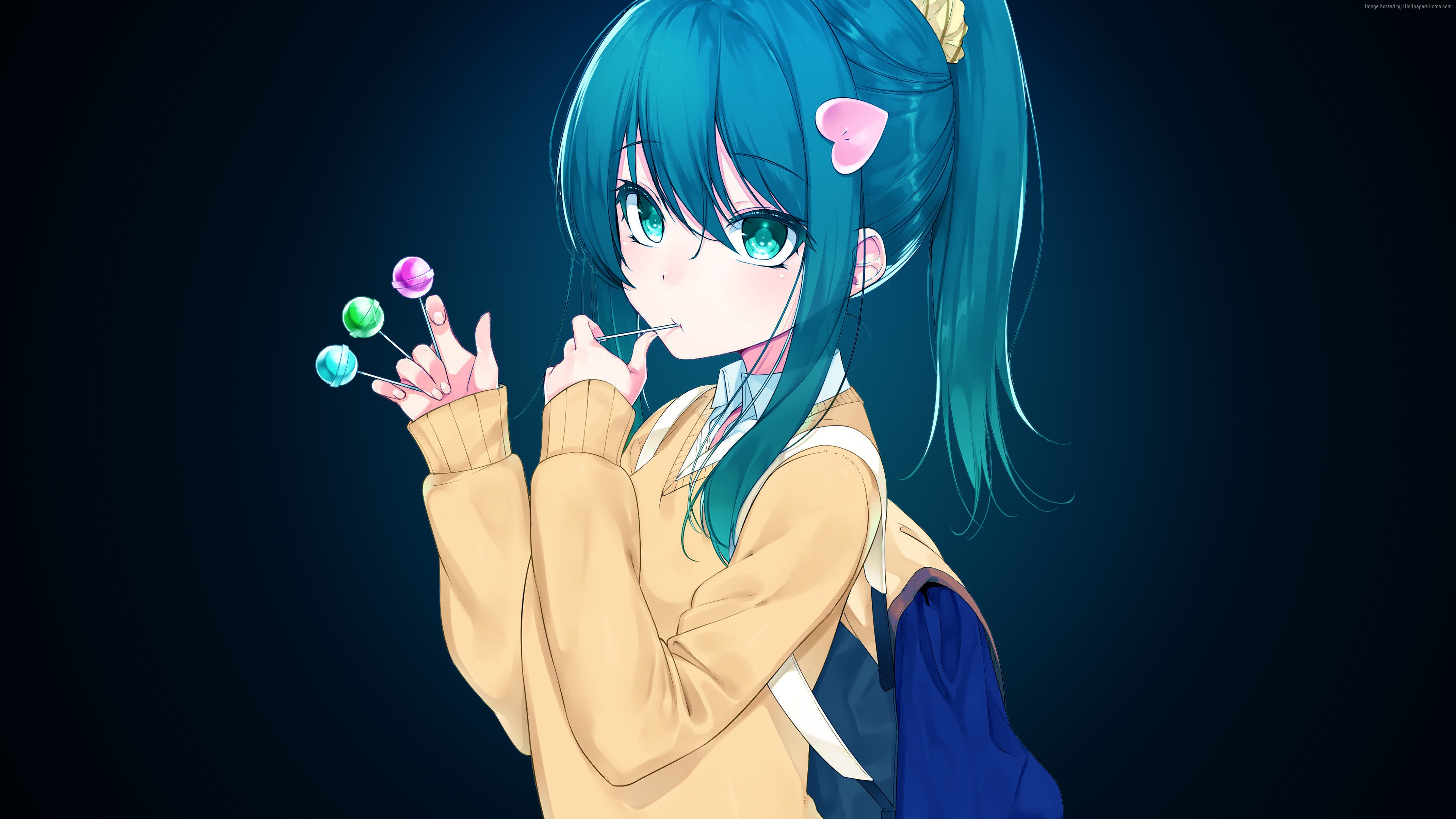 Anime girl with blue hair and lollipops HD Wallpaper