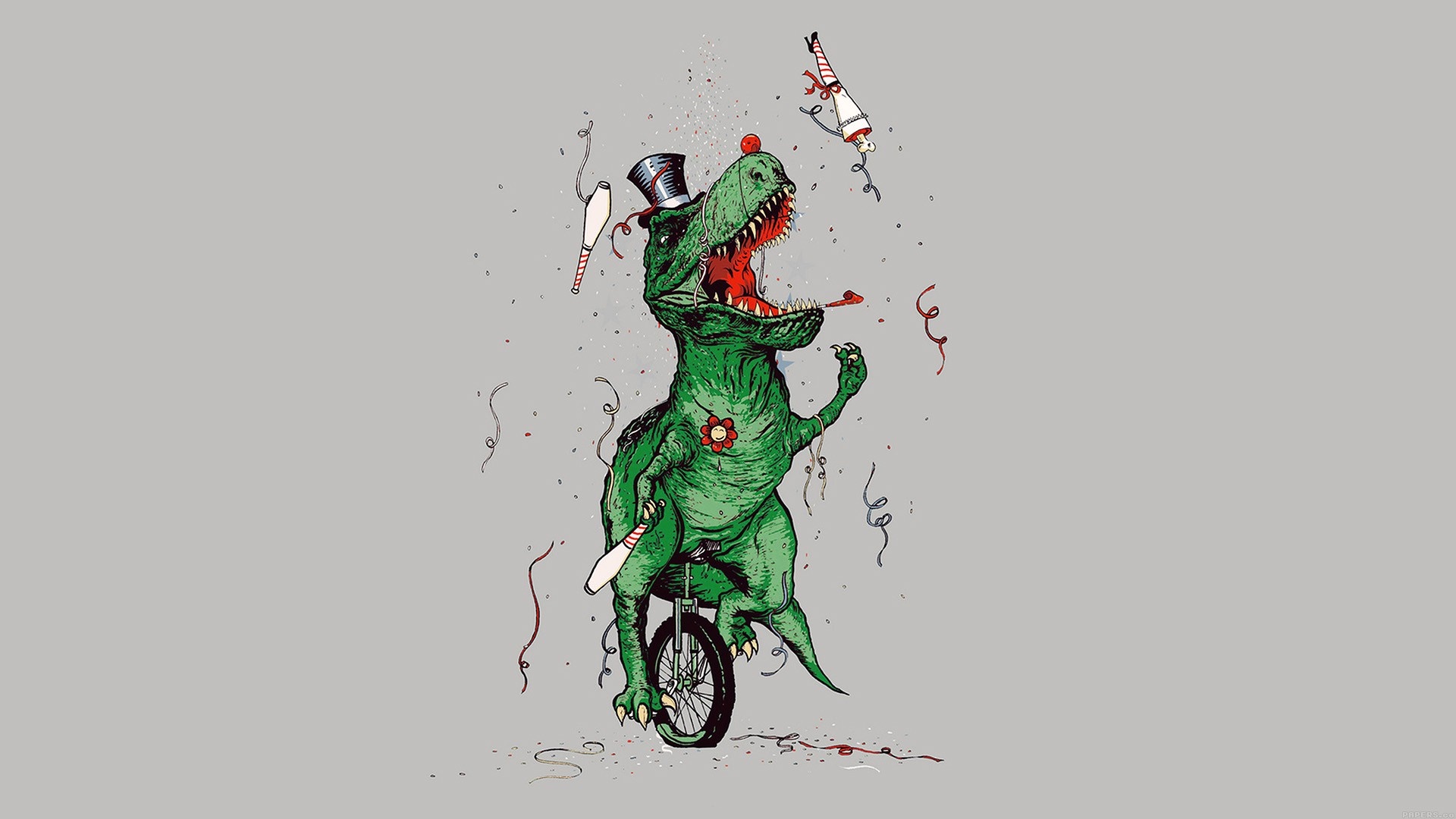 Green dinosaur juggling on a unicycle with a top hat HD Wallpaper