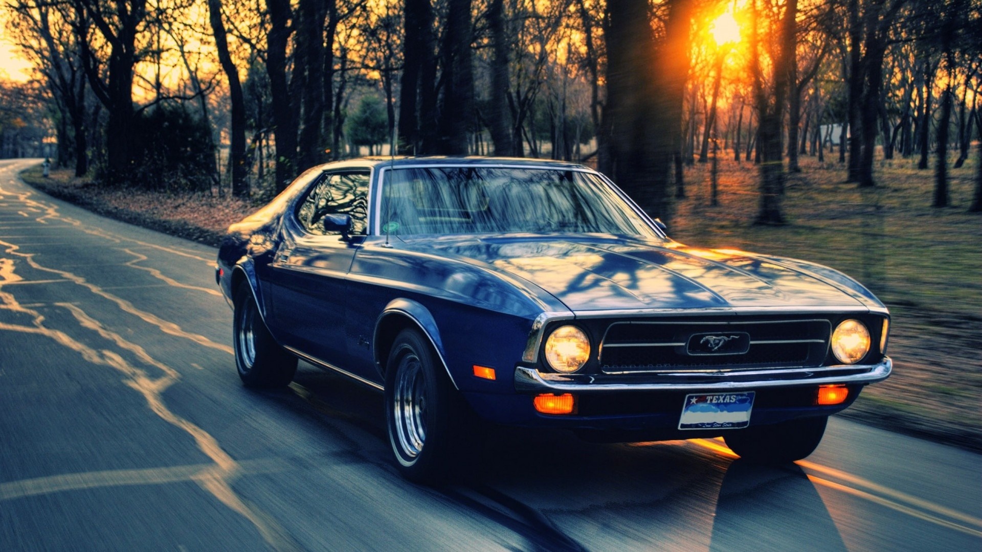 Blue Ford Mustang driving on a road at sunset HD Wallpaper