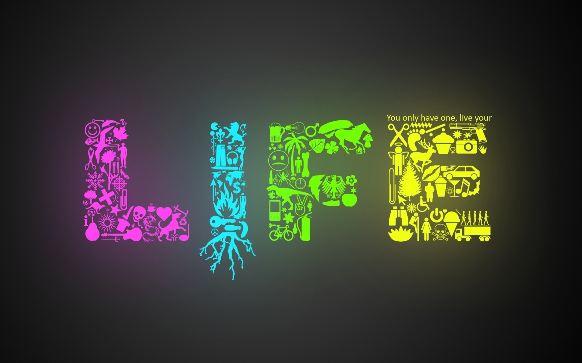 The word LIFE formed by various icons HD Wallpaper