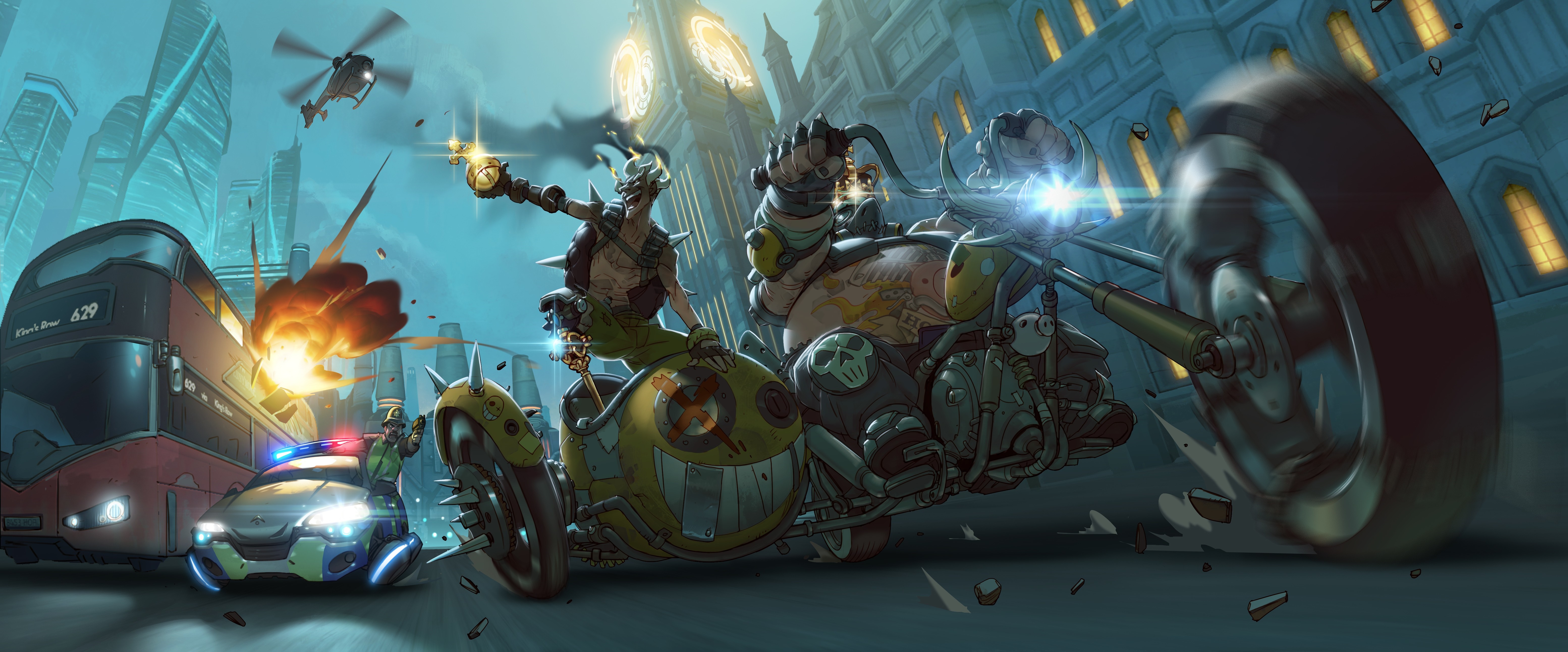 Roadhog and Junkrat from Overwatch in a city chase HD Wallpaper