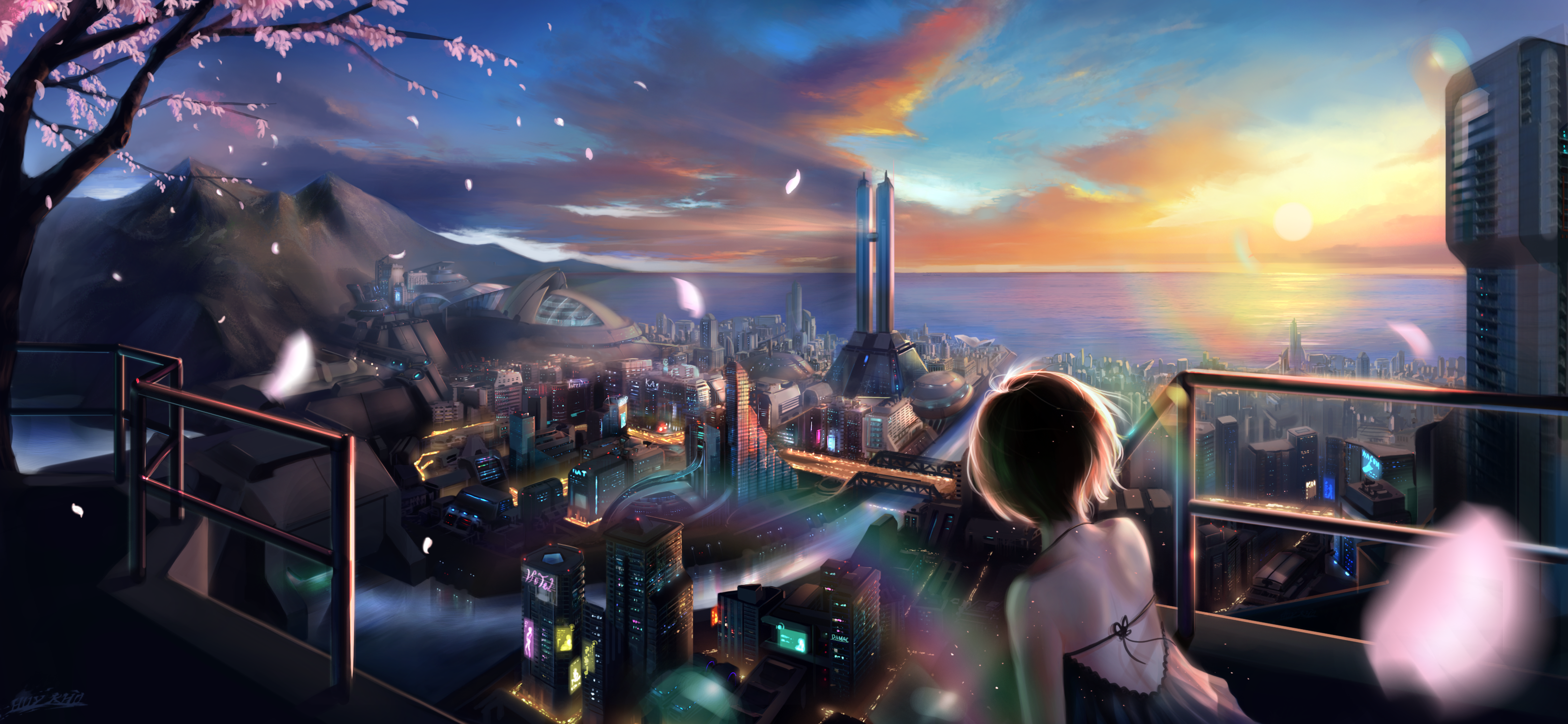 Anime girl overlooking a futuristic city at sunset HD Wallpaper