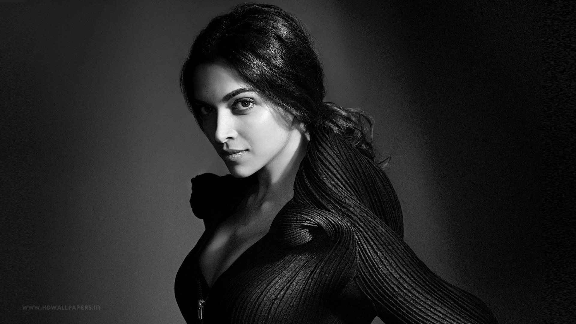 Deepika Padukone in a black outfit, monochrome portrait HD Wallpaper