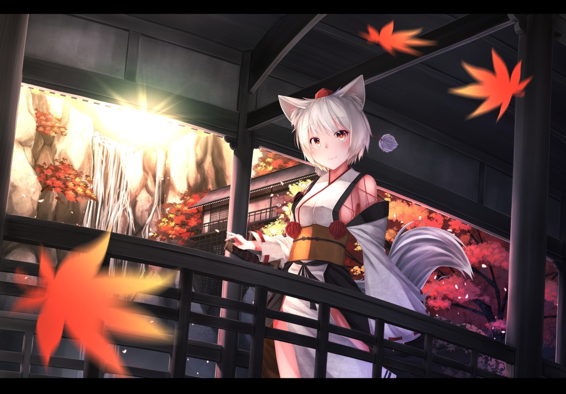 Anime girl with fox ears and tail in Japanese clothes HD Wallpaper