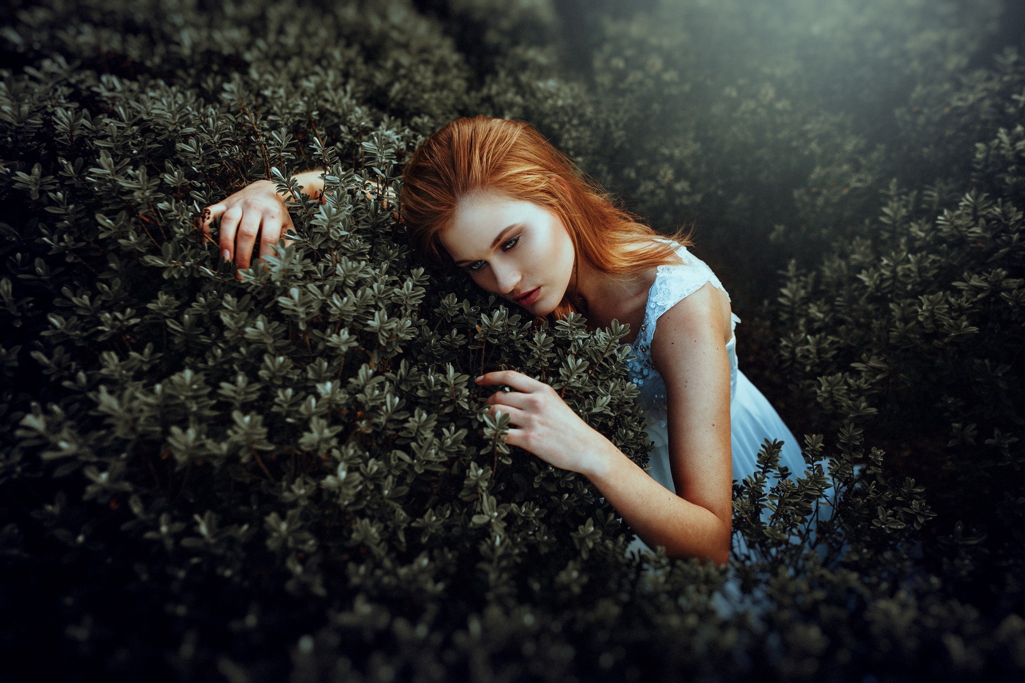 Woman with red hair in a light blue dress among bushes HD Wallpaper