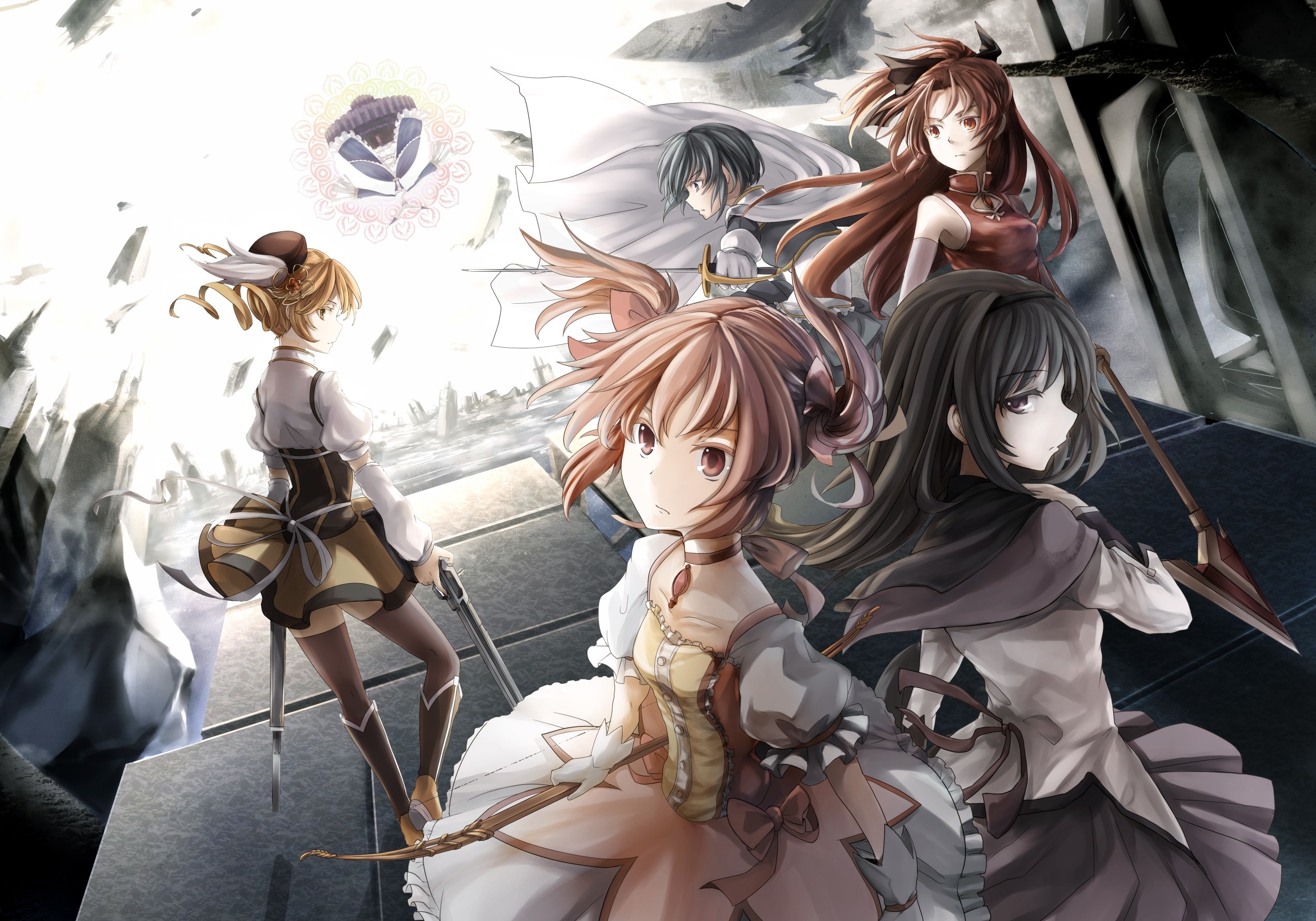 Mahou Shoujo Madoka Magica characters in a dramatic scene HD Wallpaper