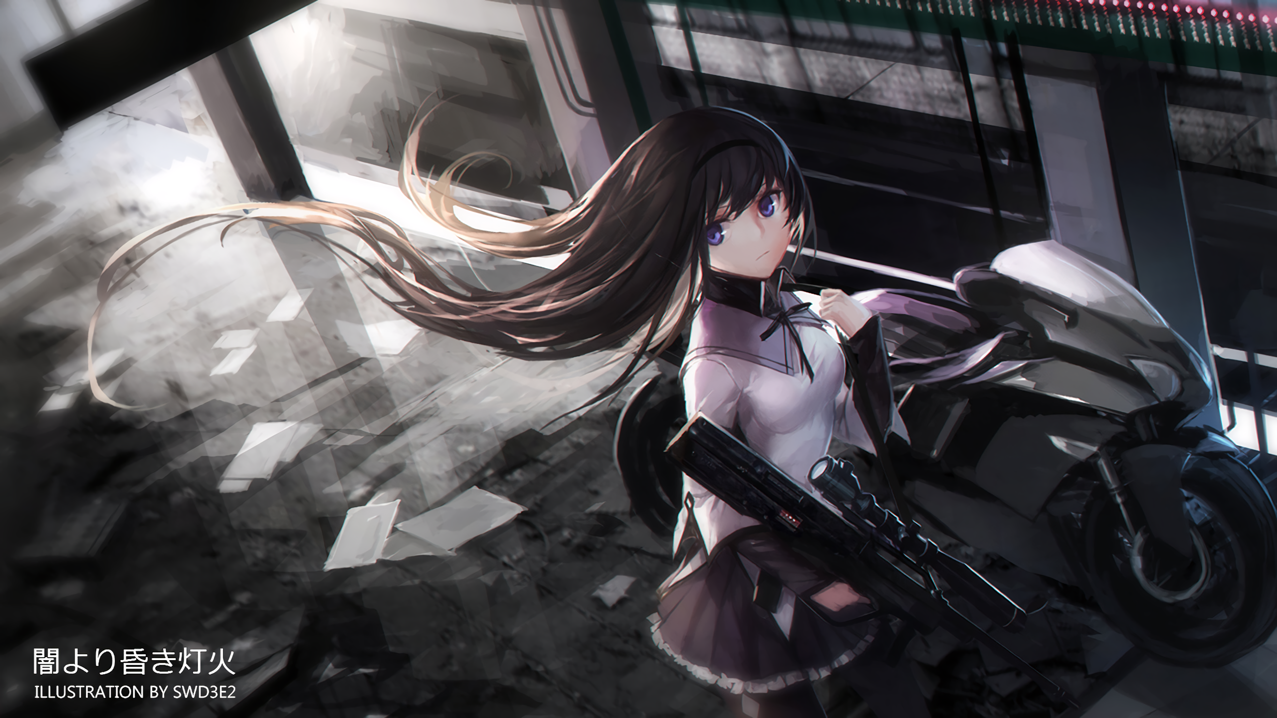 Homura Akemi from Puella Magi Madoka Magica with a sniper rifle and motorcycle HD Wallpaper