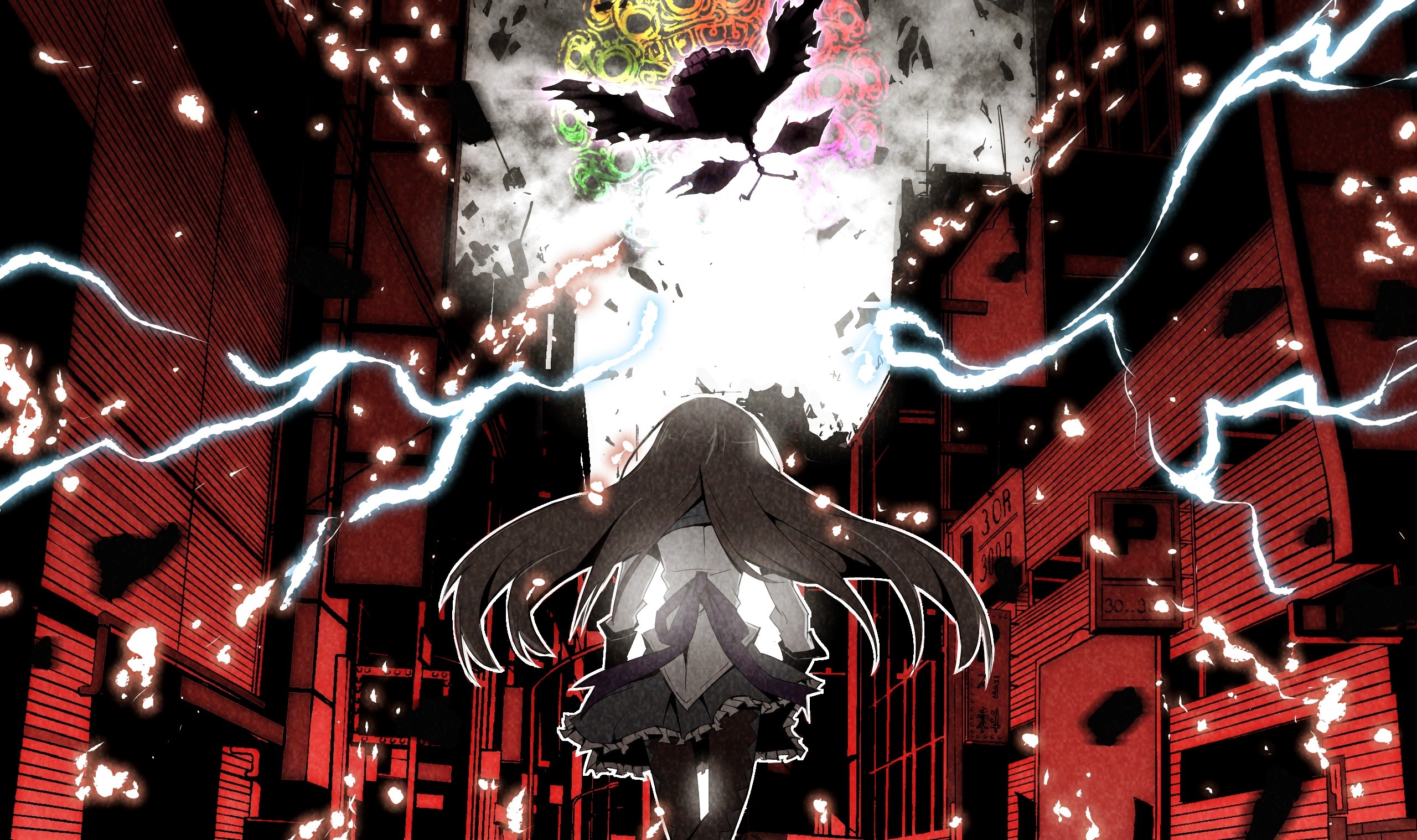 Madoka Magica Screenshot: Girl in City with Magical Phenomenon HD Wallpaper