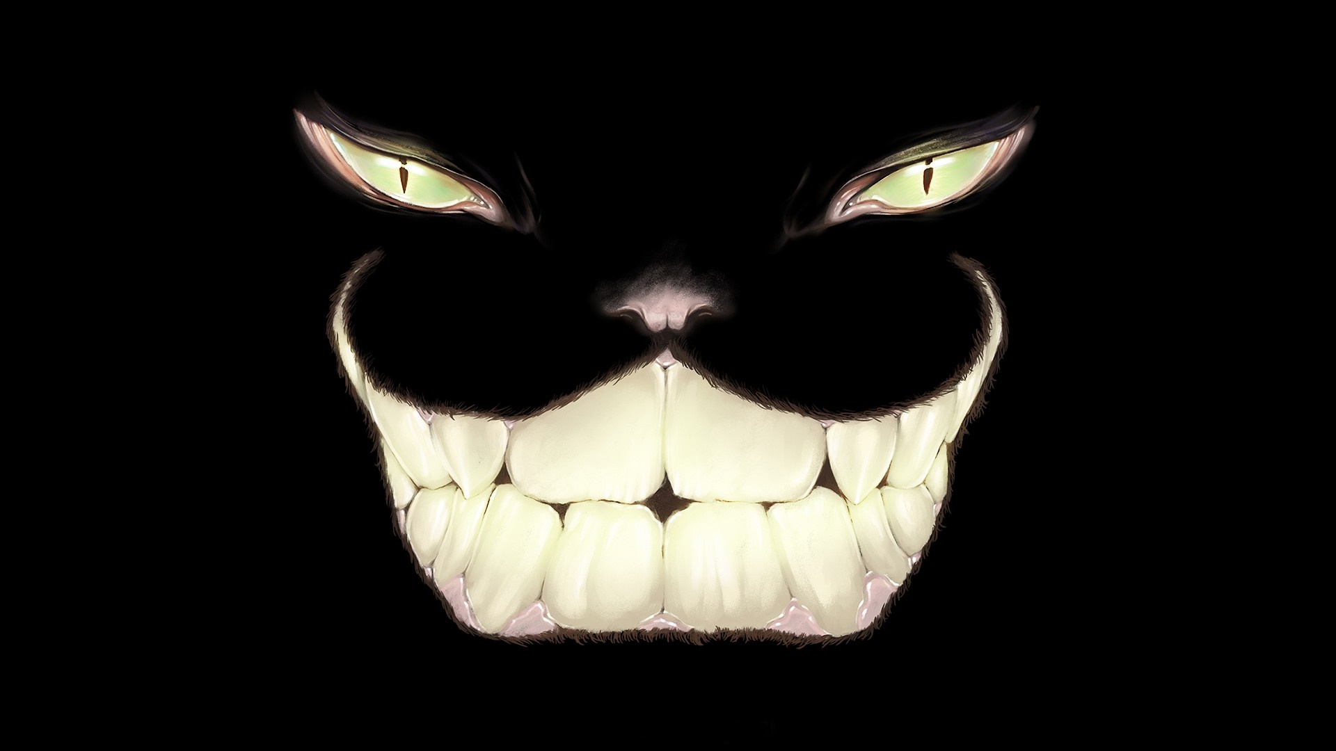 Cheshire Cat illustration with glowing eyes and wide smile HD Wallpaper