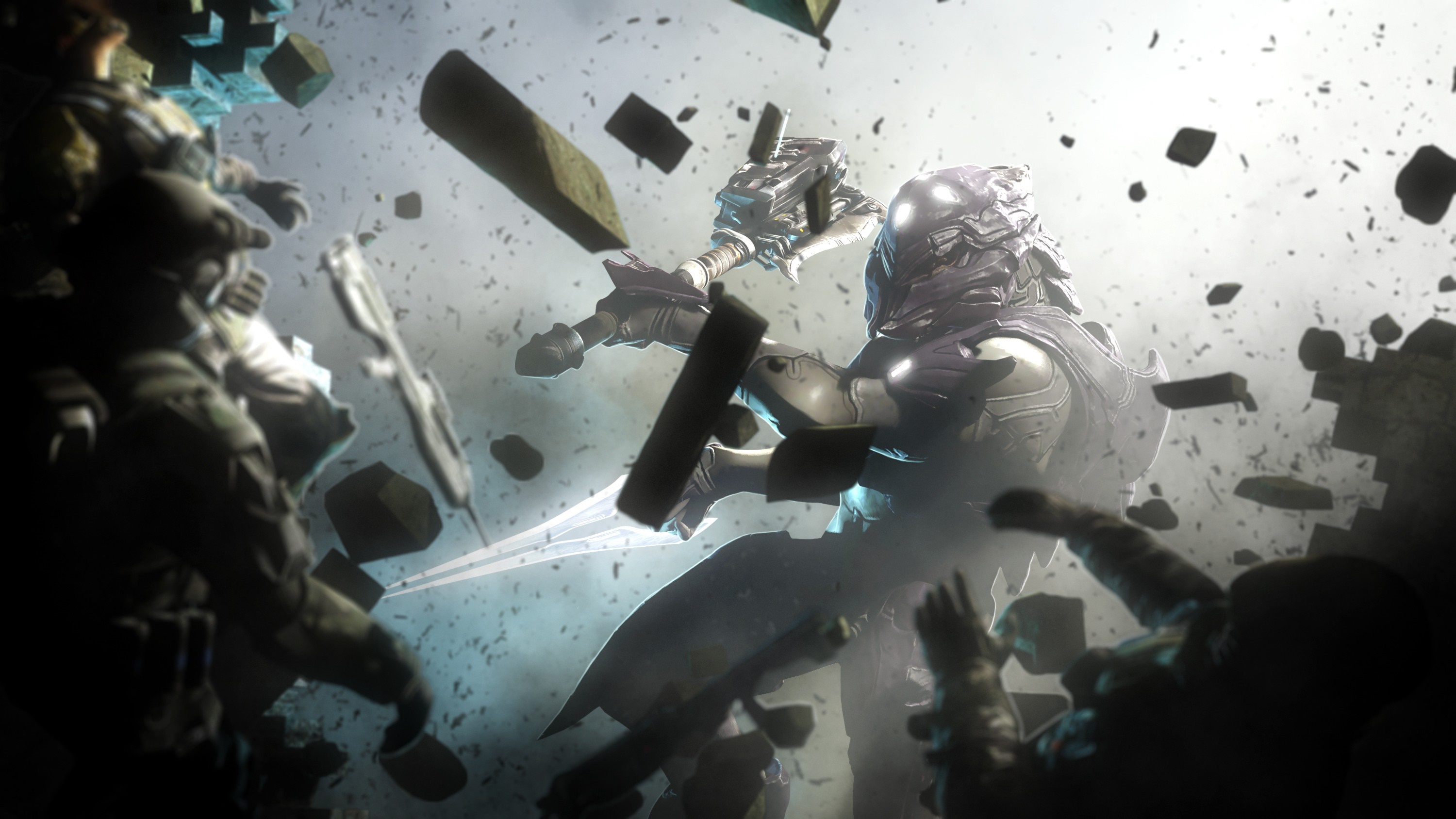 Warrior in armor with sword in debris HD Wallpaper