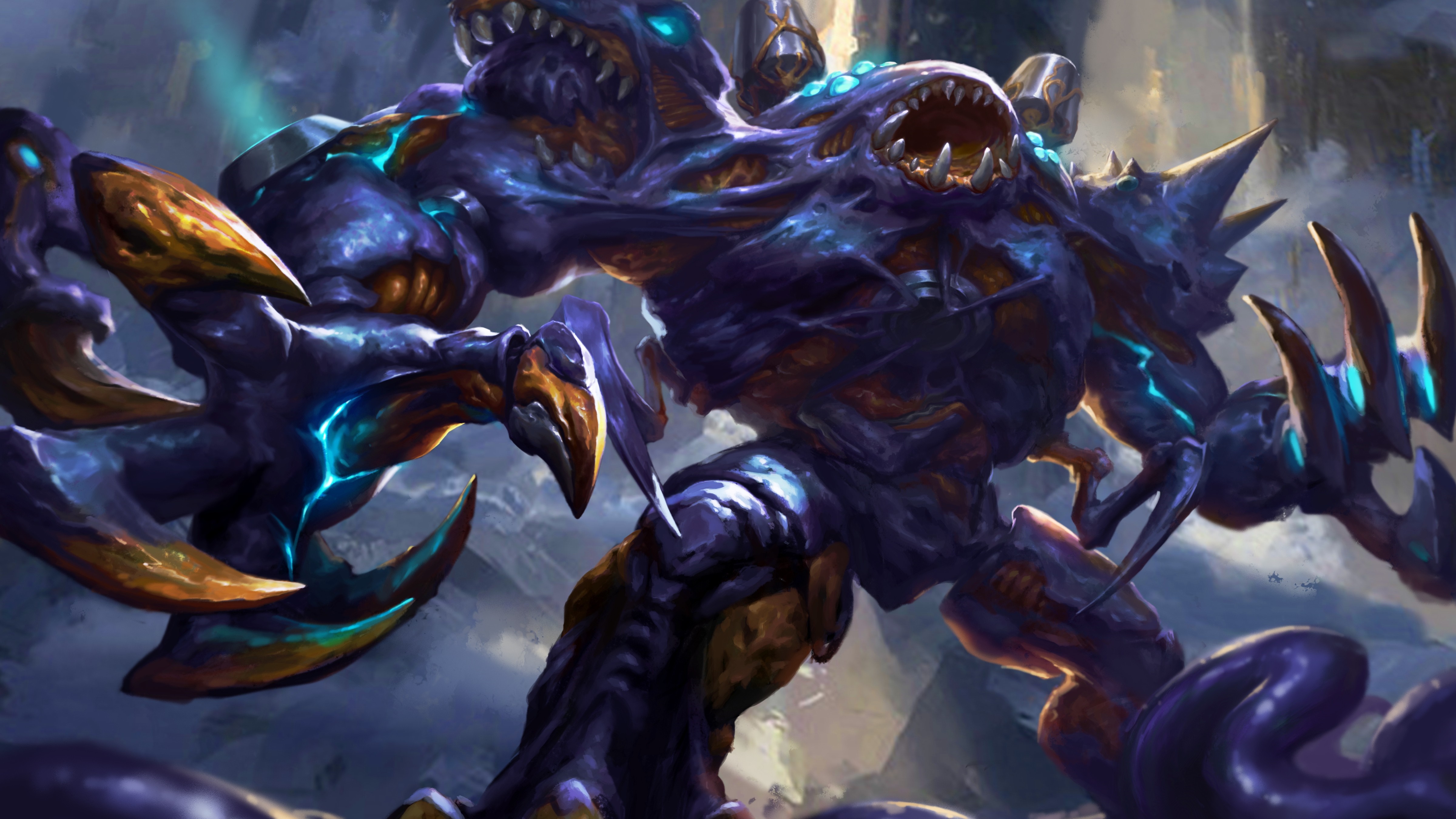 Digital art of a monstrous creature with claws and multiple mouths HD Wallpaper