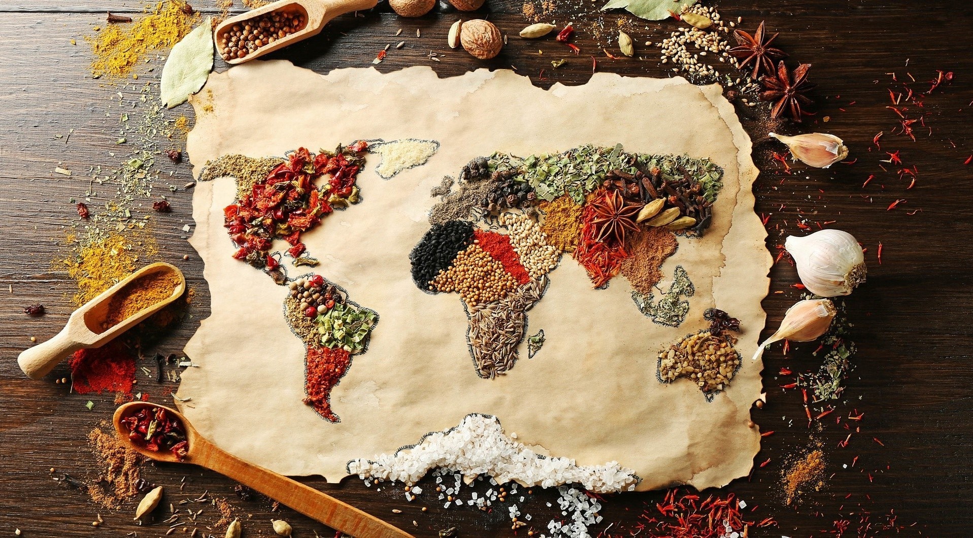 World map made of spices on parchment HD Wallpaper
