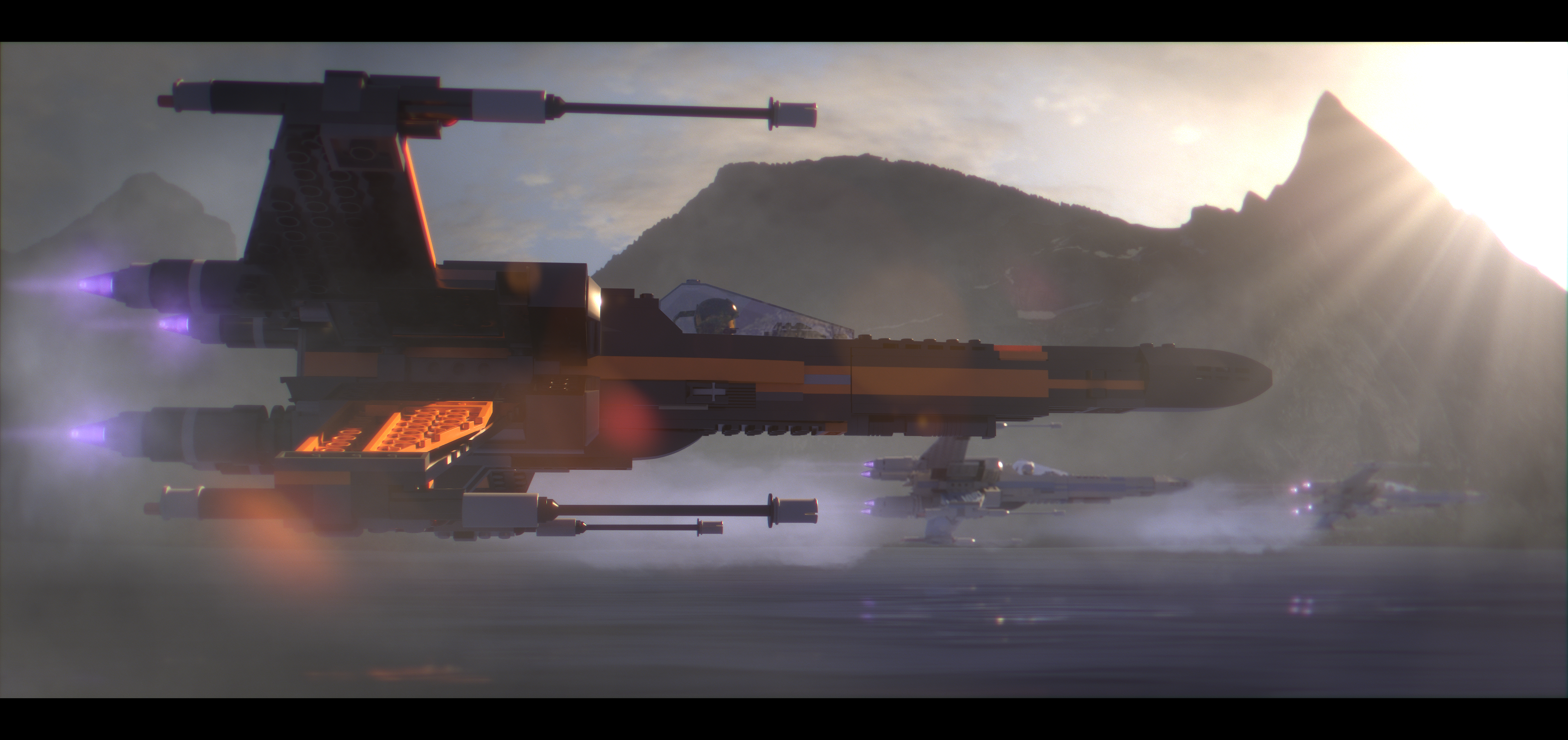LEGO Star Wars X-wing fighters flying over water HD Wallpaper