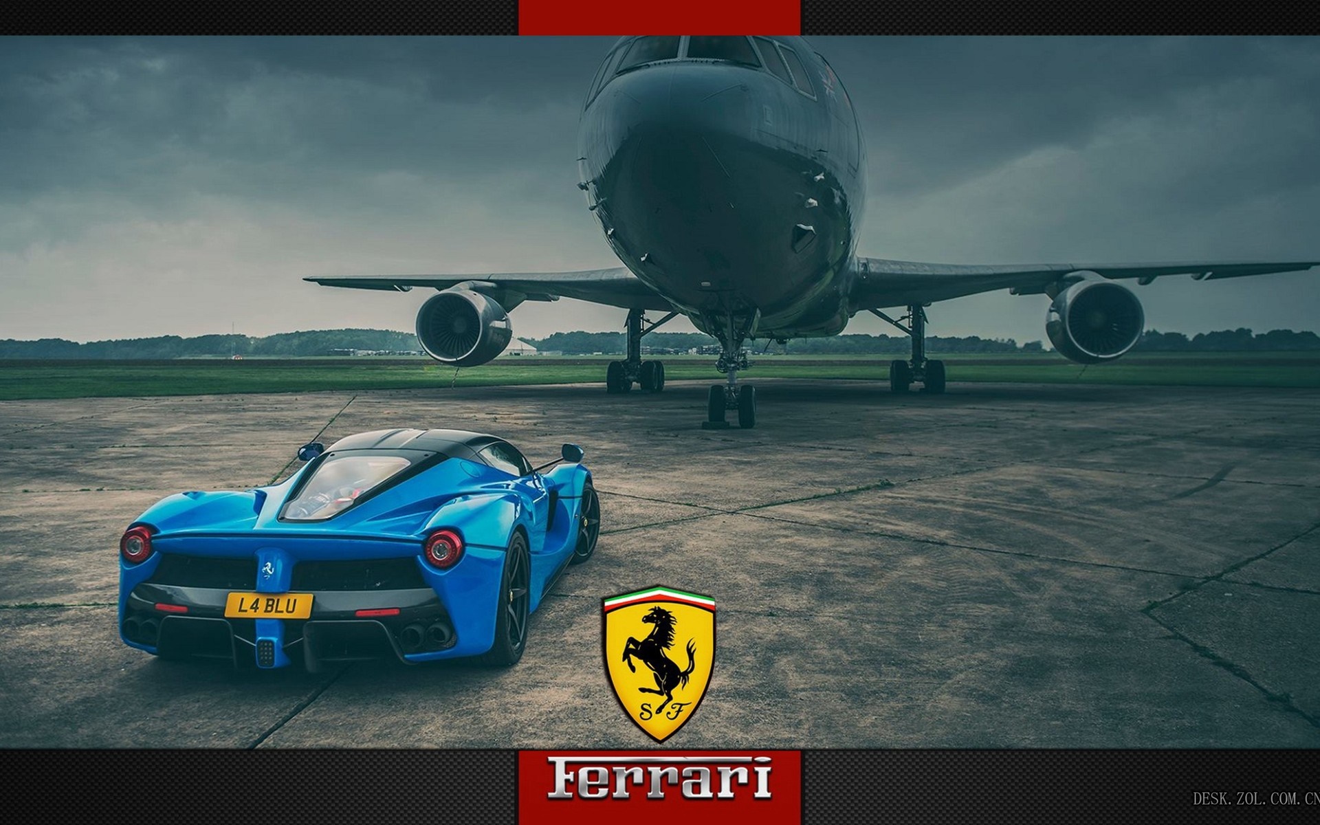 Blue Ferrari LaFerrari and Airplane on Tarmac HD Wallpaper