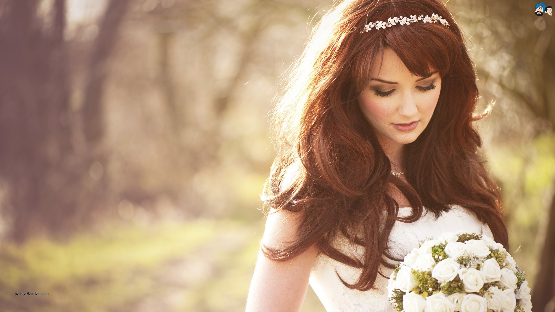 Bride with bouquet and floral headband outdoors HD Wallpaper