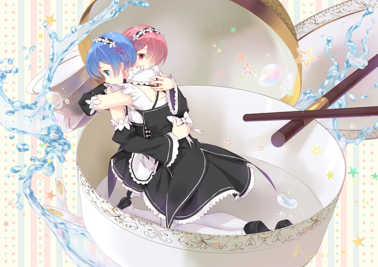 Rem and Ram from Re:Zero hugging in a teacup HD Wallpaper