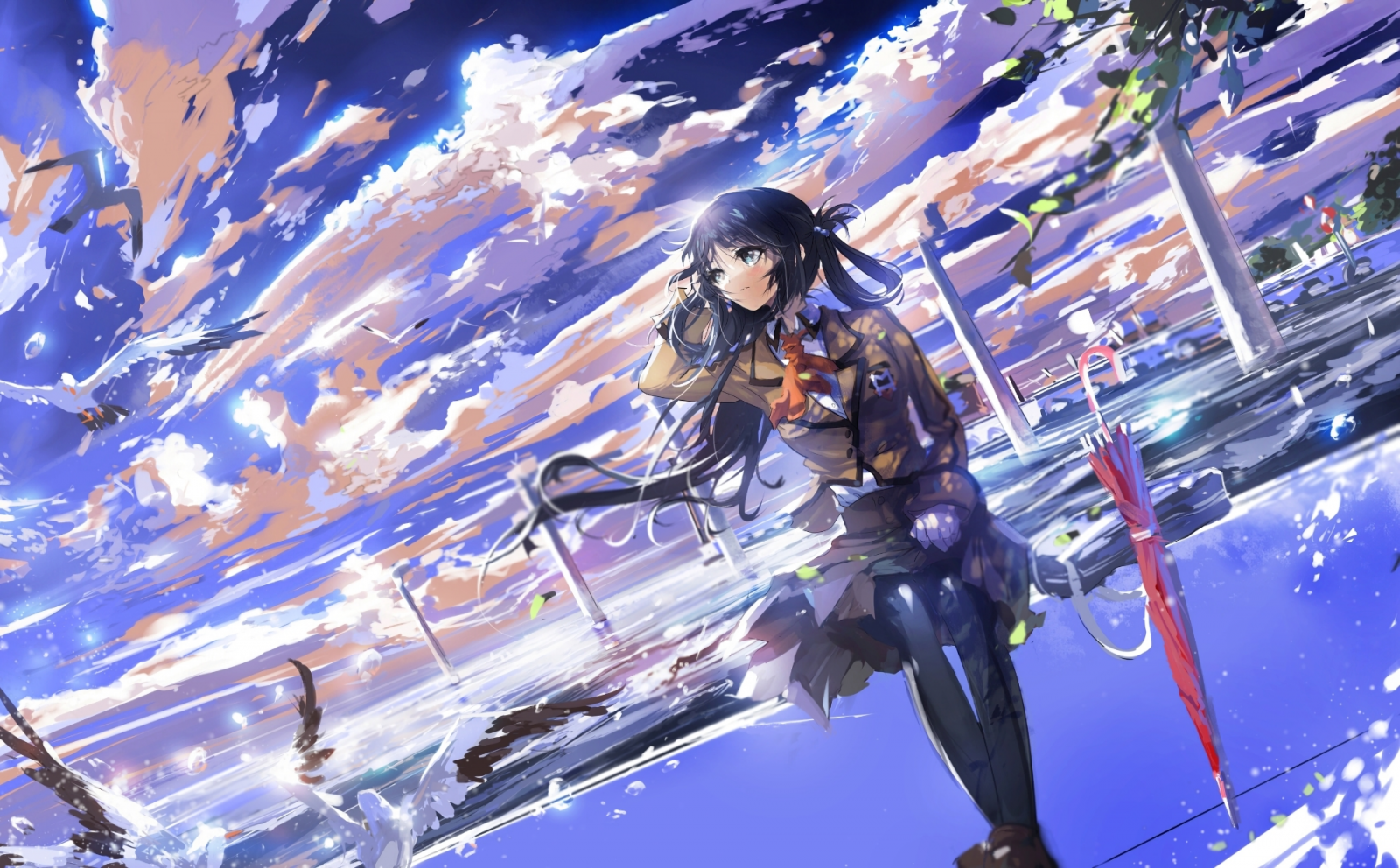 Anime girl with umbrella under dramatic sky HD Wallpaper