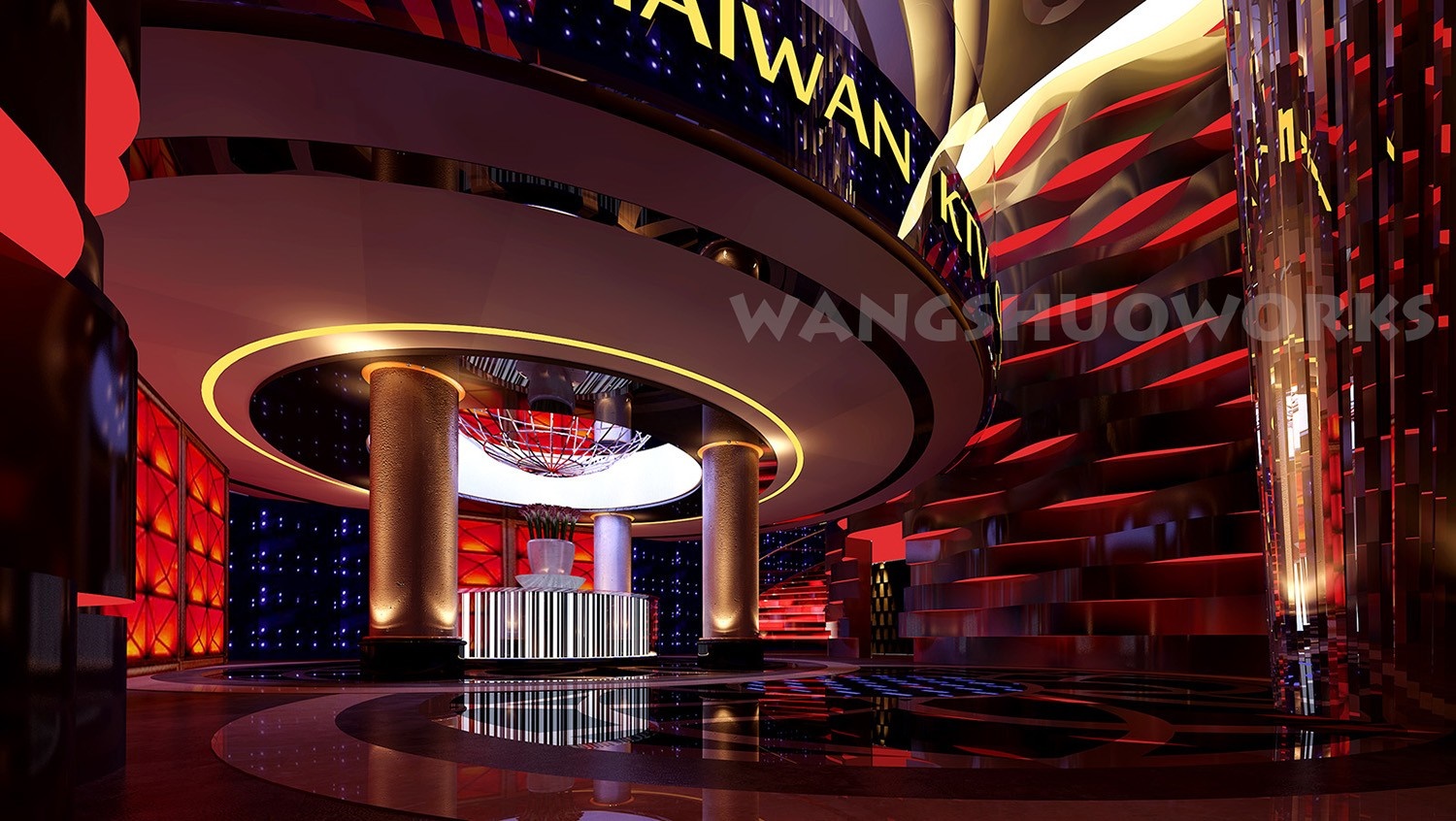 Modern nightclub interior with digital art and typography HD Wallpaper