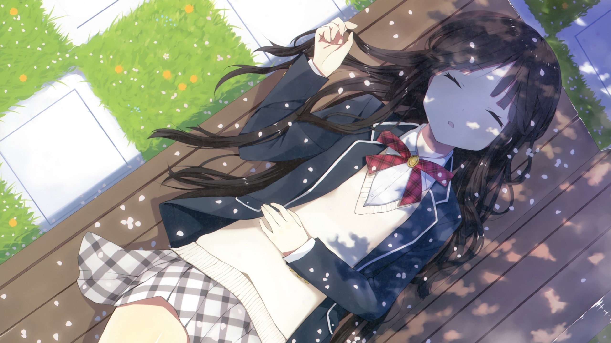 Anime girl lying on a bench with petals falling HD Wallpaper