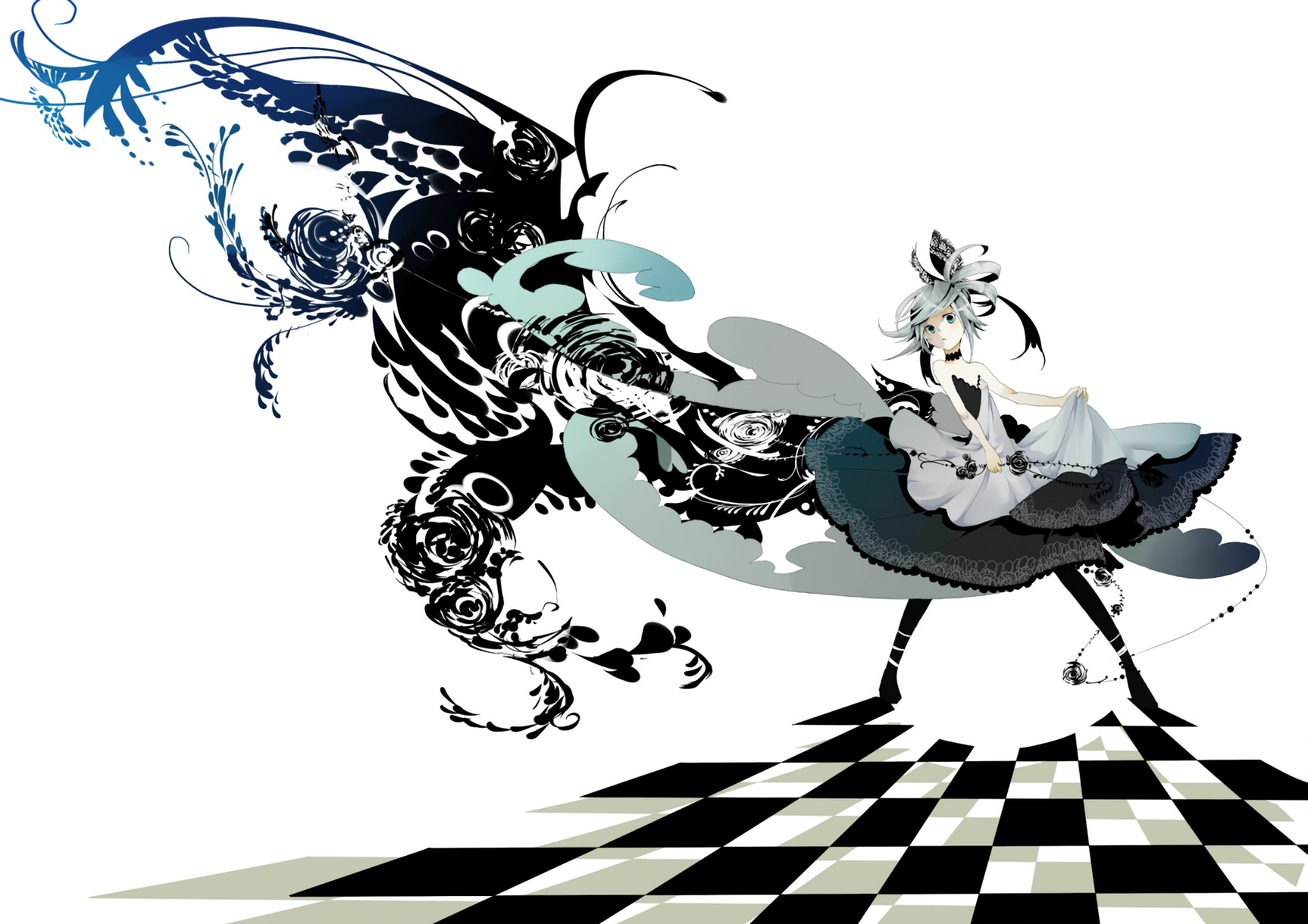Anime girl with large black wing-like design on chessboard HD Wallpaper