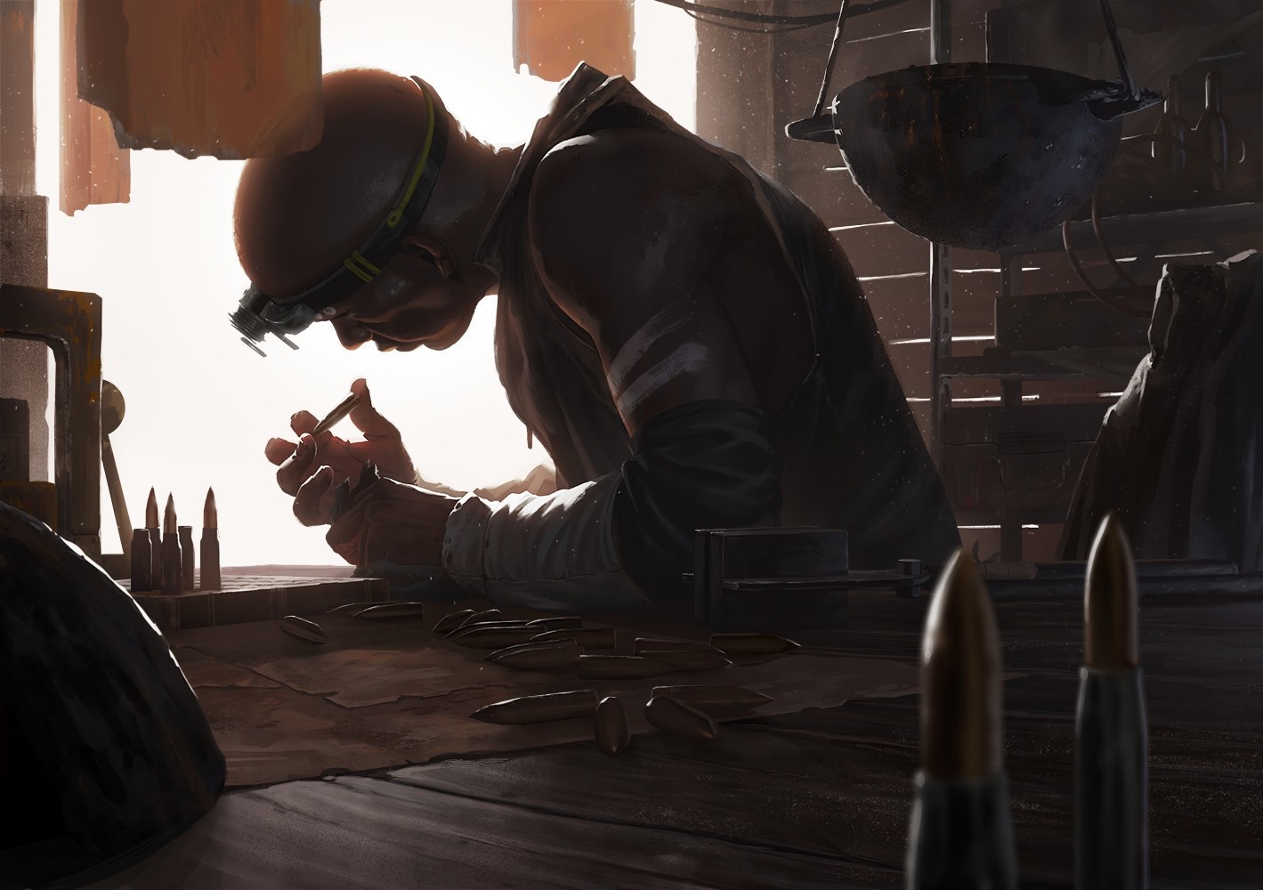 Man assembling bullets with a headlamp HD Wallpaper
