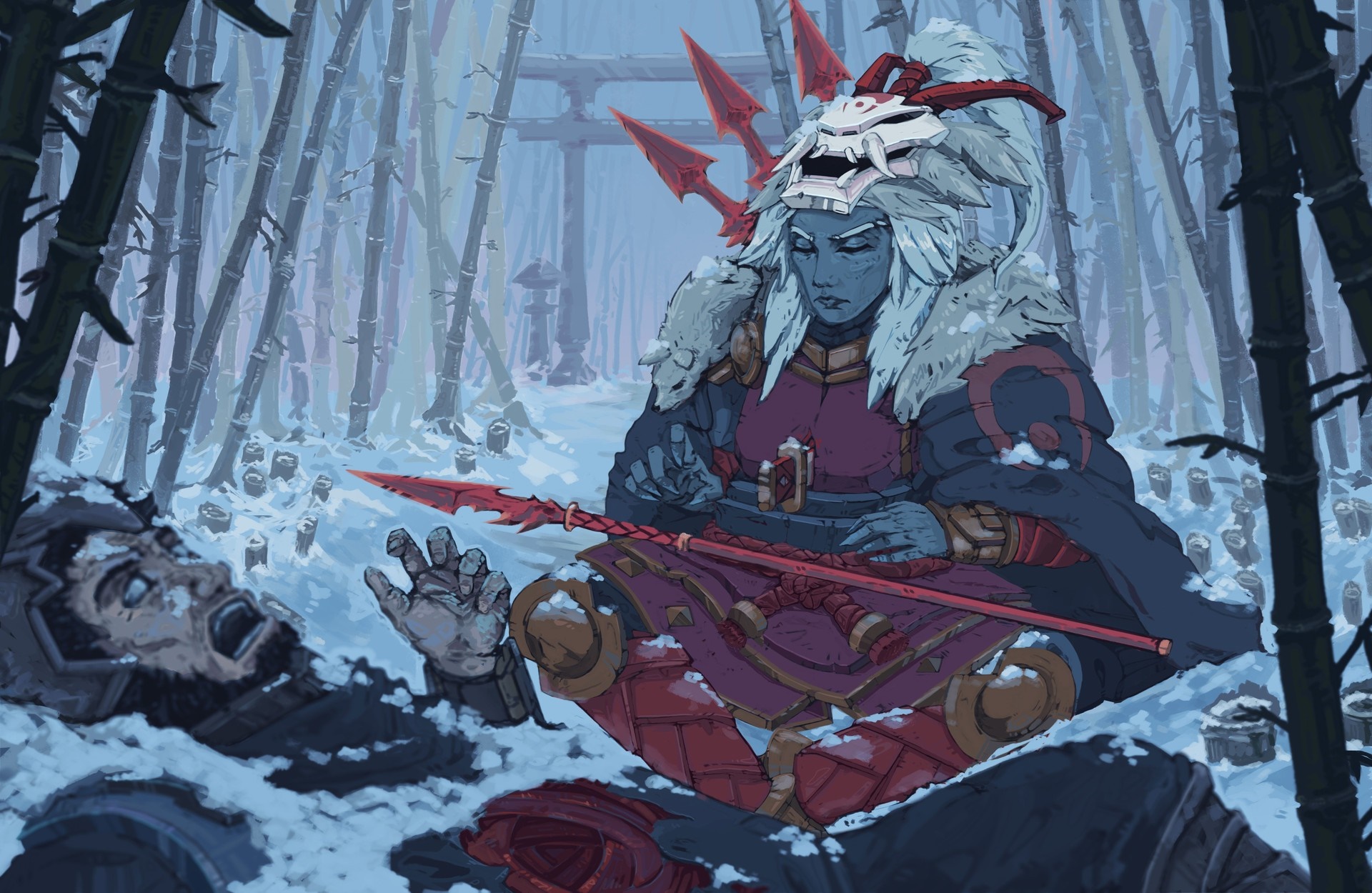 Blue-skinned warrior with mask and spear over defeated man in snow HD Wallpaper
