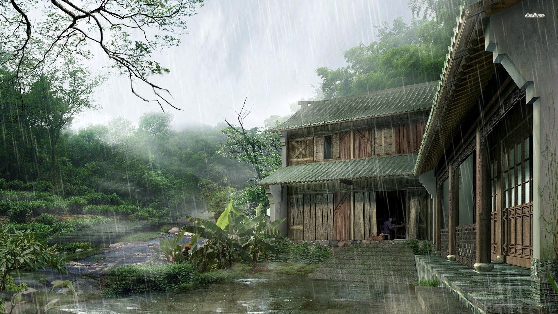 Digital art of a house in the rain in a forest HD Wallpaper