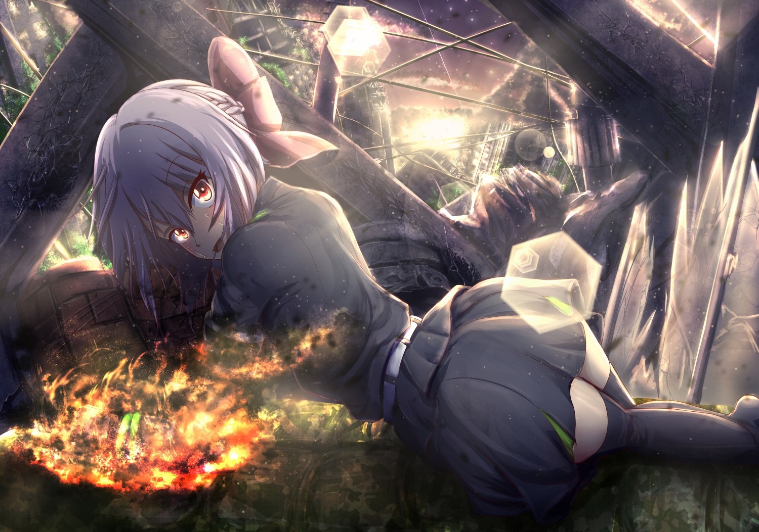 Anime girl with white hair and red eyes in a destroyed environment HD Wallpaper