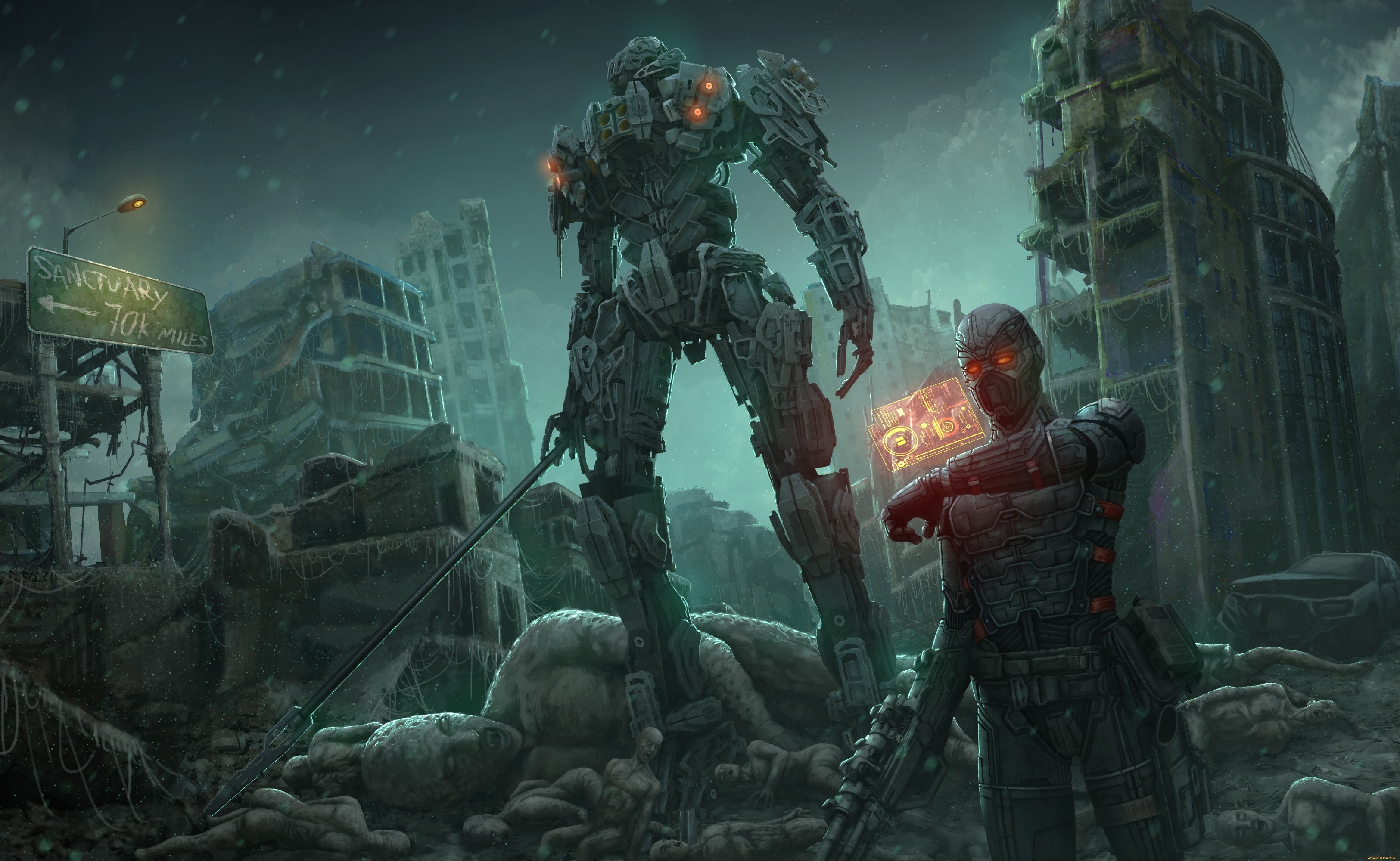 Robot and soldier in a post-apocalyptic city HD Wallpaper