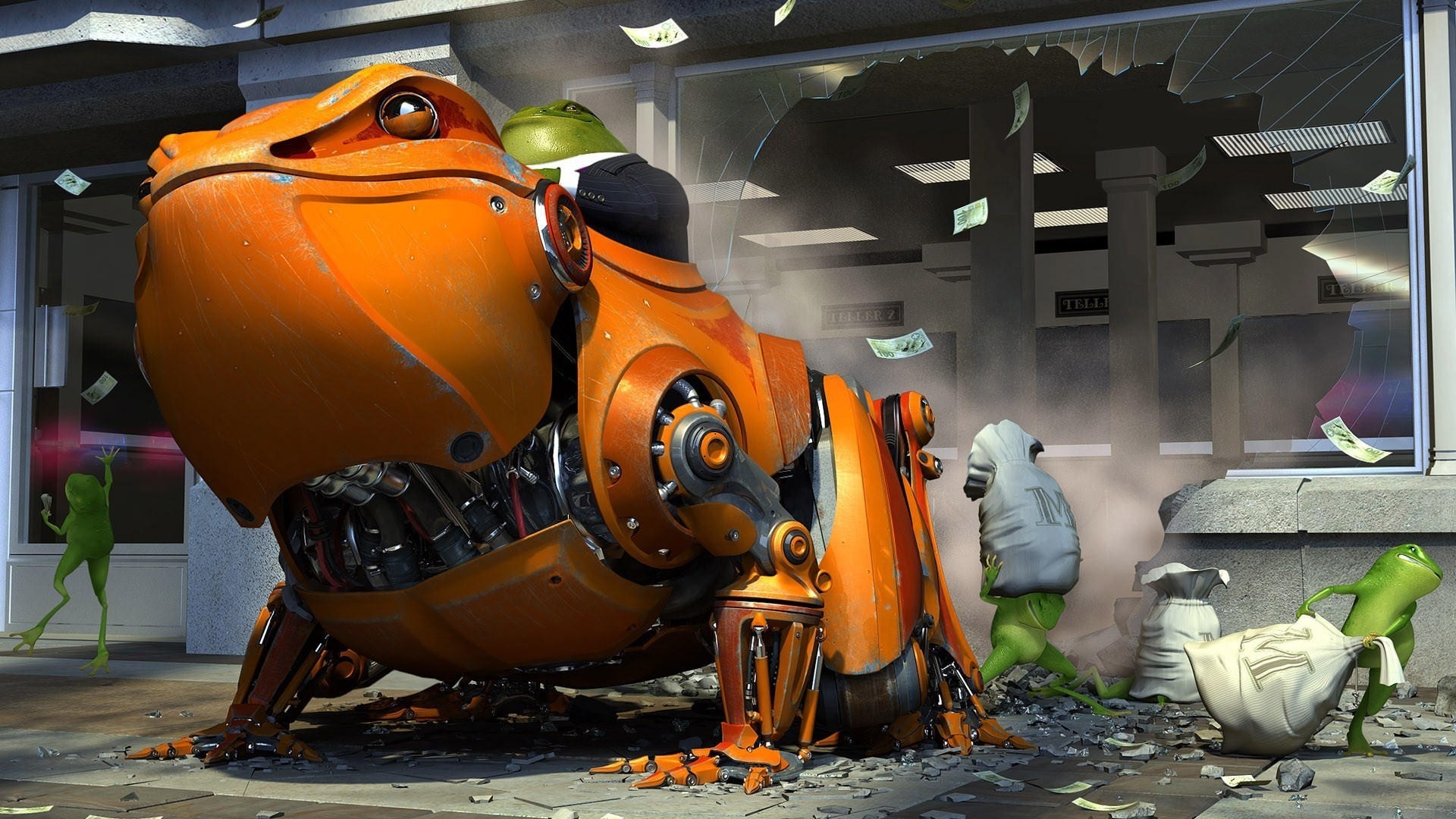 Robotic frog bank heist with money bags HD Wallpaper