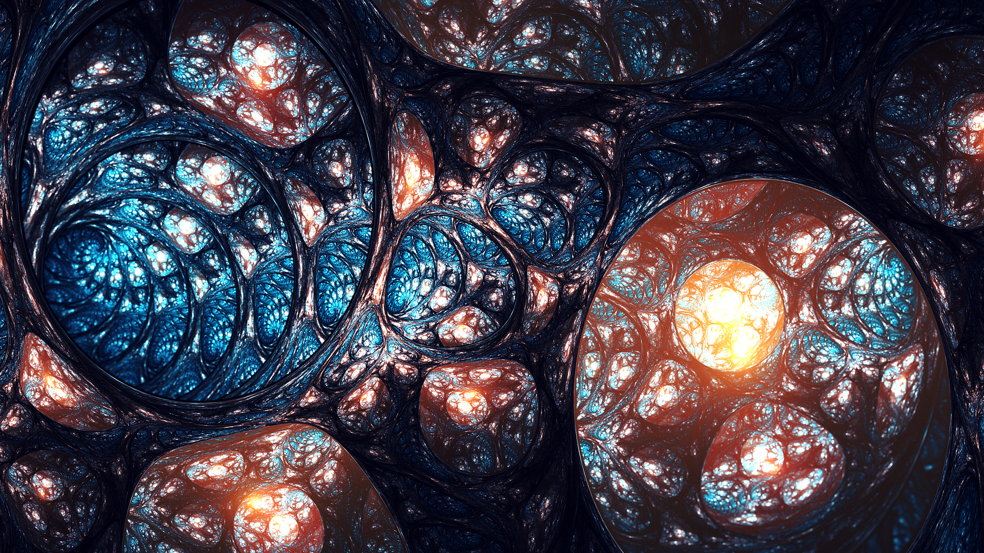 Abstract fractal art with blue and orange glowing orbs HD Wallpaper