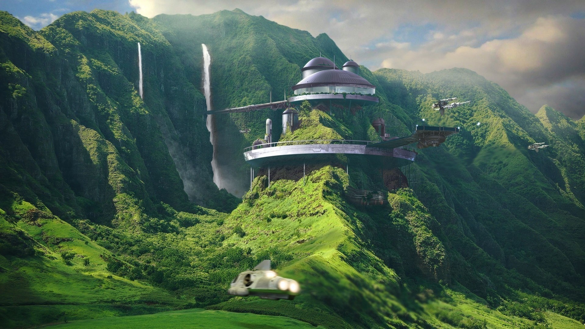 Futuristic structures on a lush green mountain with waterfalls and aircraft HD Wallpaper