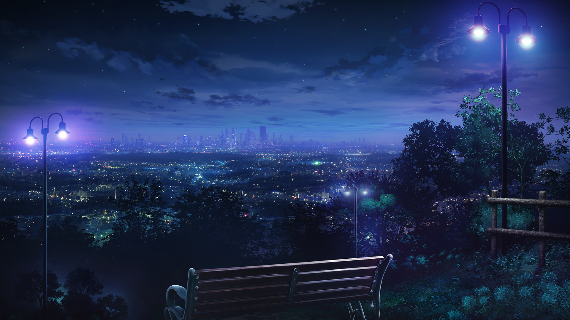 Anime cityscape at night with street lights and a bench HD Wallpaper