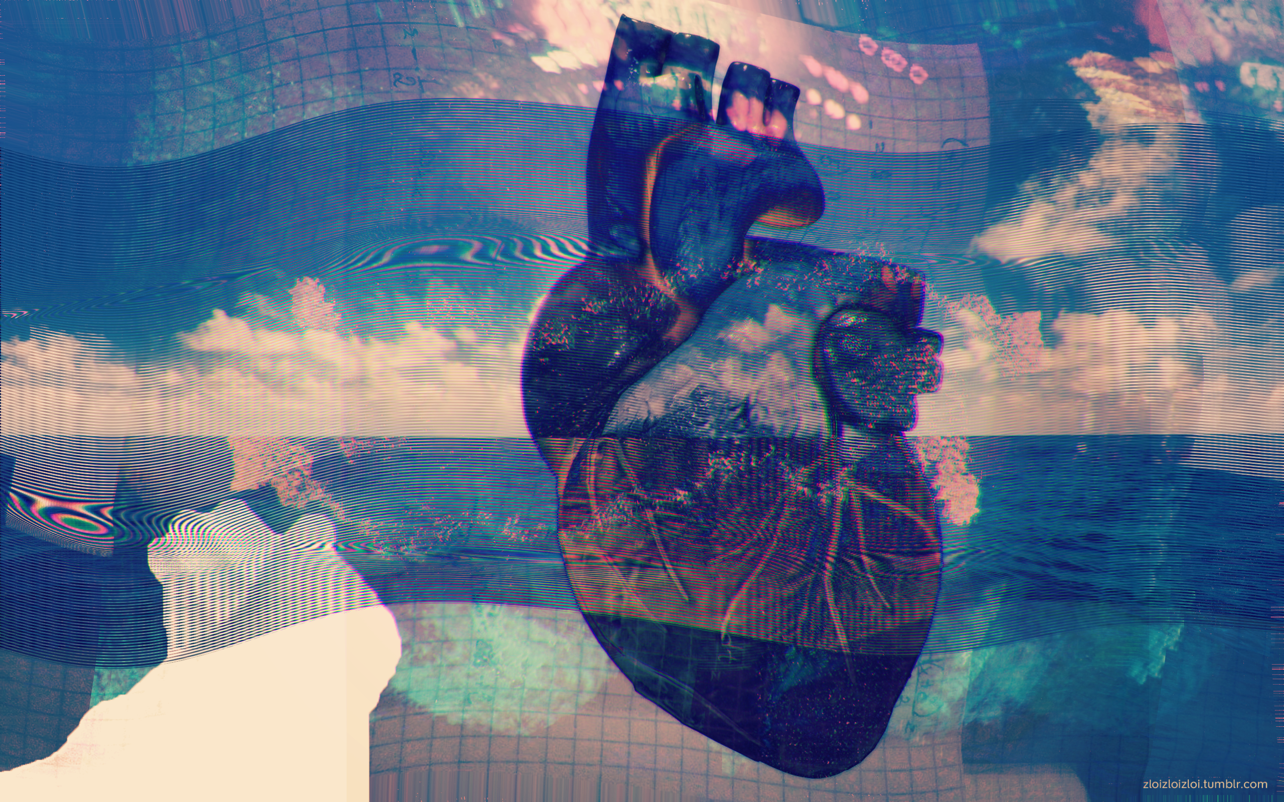 Glitch art illustration of a heart over a seascape HD Wallpaper