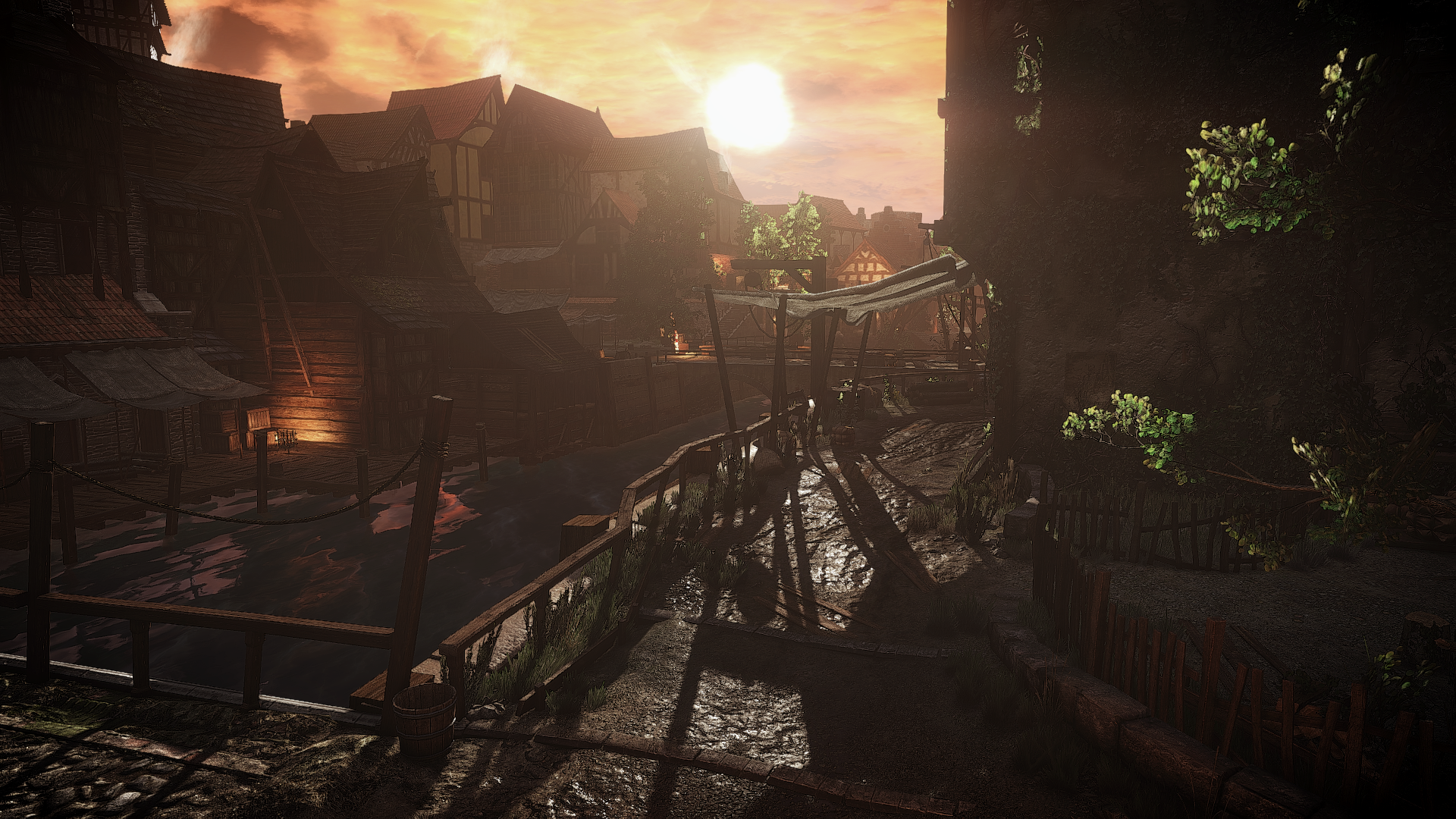 The Witcher 3: Wild Hunt screenshot of a medieval town at sunset HD Wallpaper