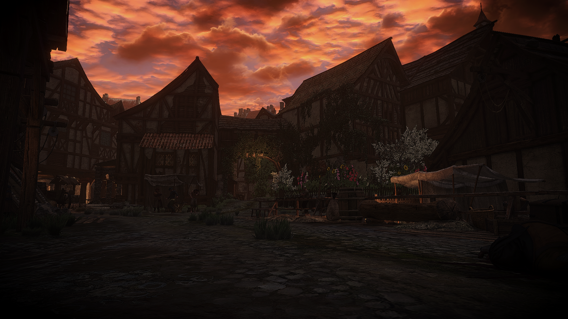 The Witcher 3: Wild Hunt screenshot of a town at dusk HD Wallpaper