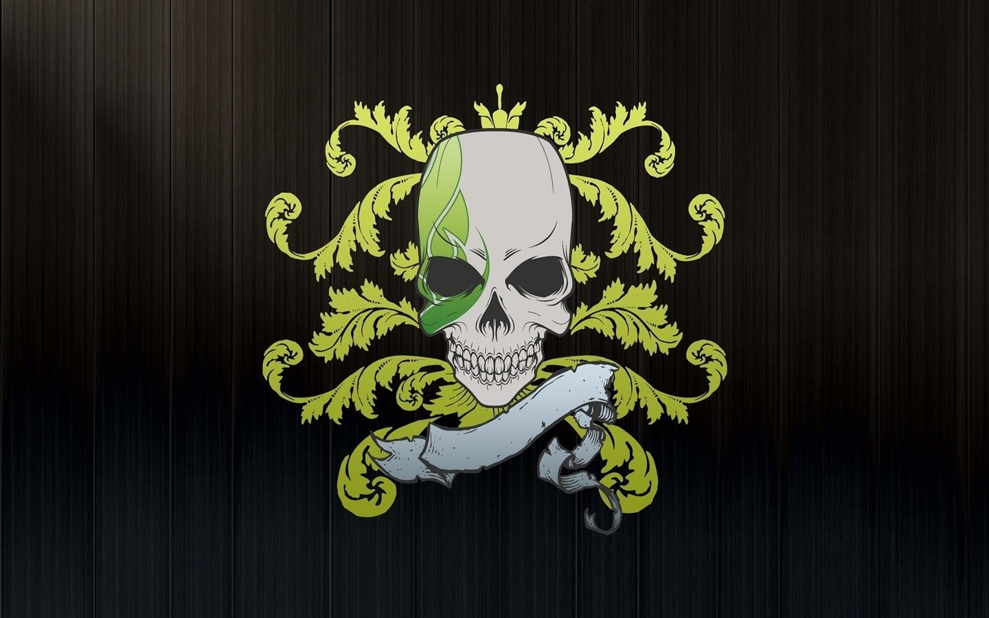 Skull with ornate yellow flourishes and banner HD Wallpaper