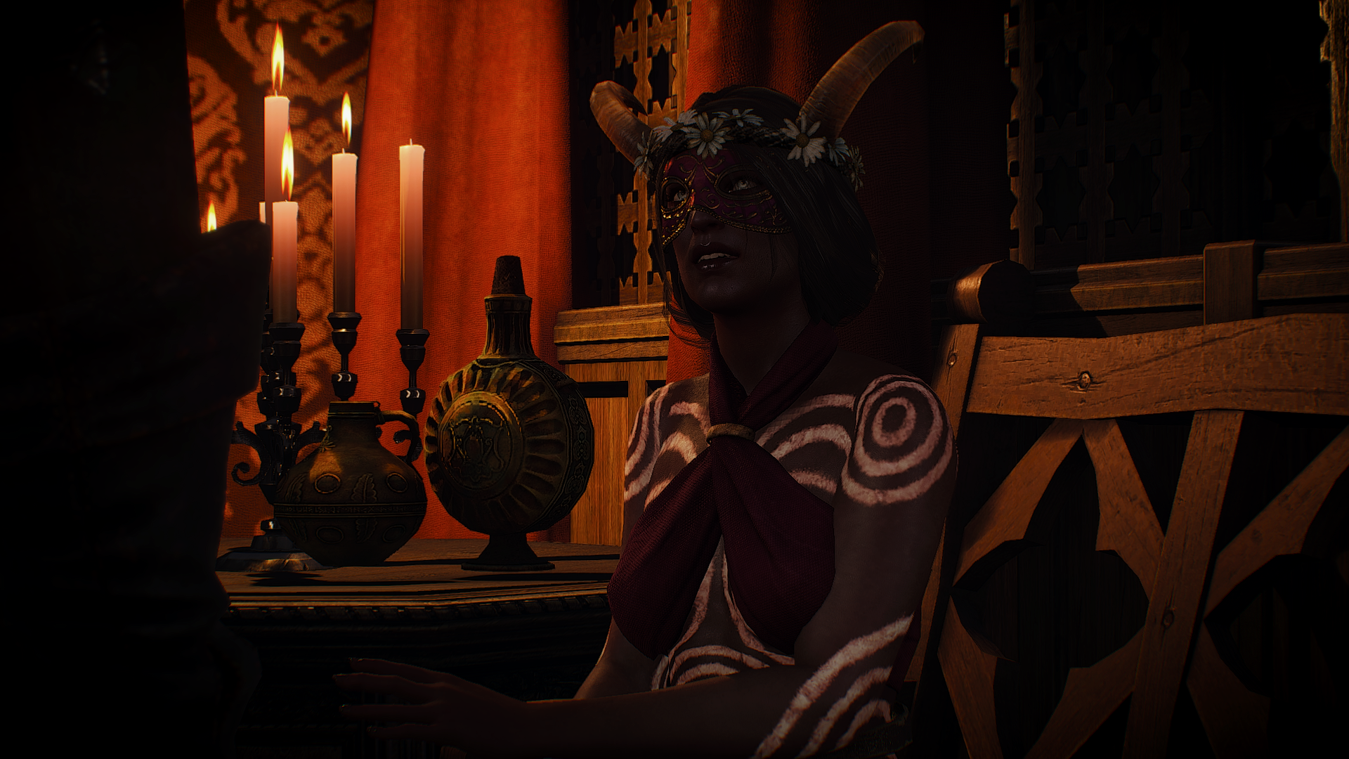 Woman with horns and mask in The Witcher 3 HD Wallpaper
