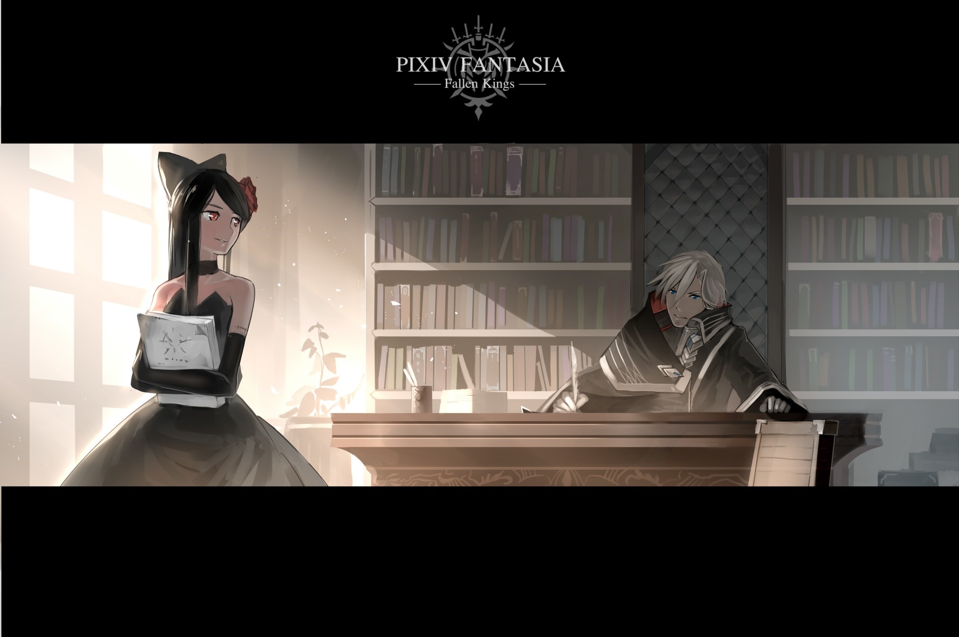 Pixiv Fantasia Fallen Kings: Anime characters in a library HD Wallpaper