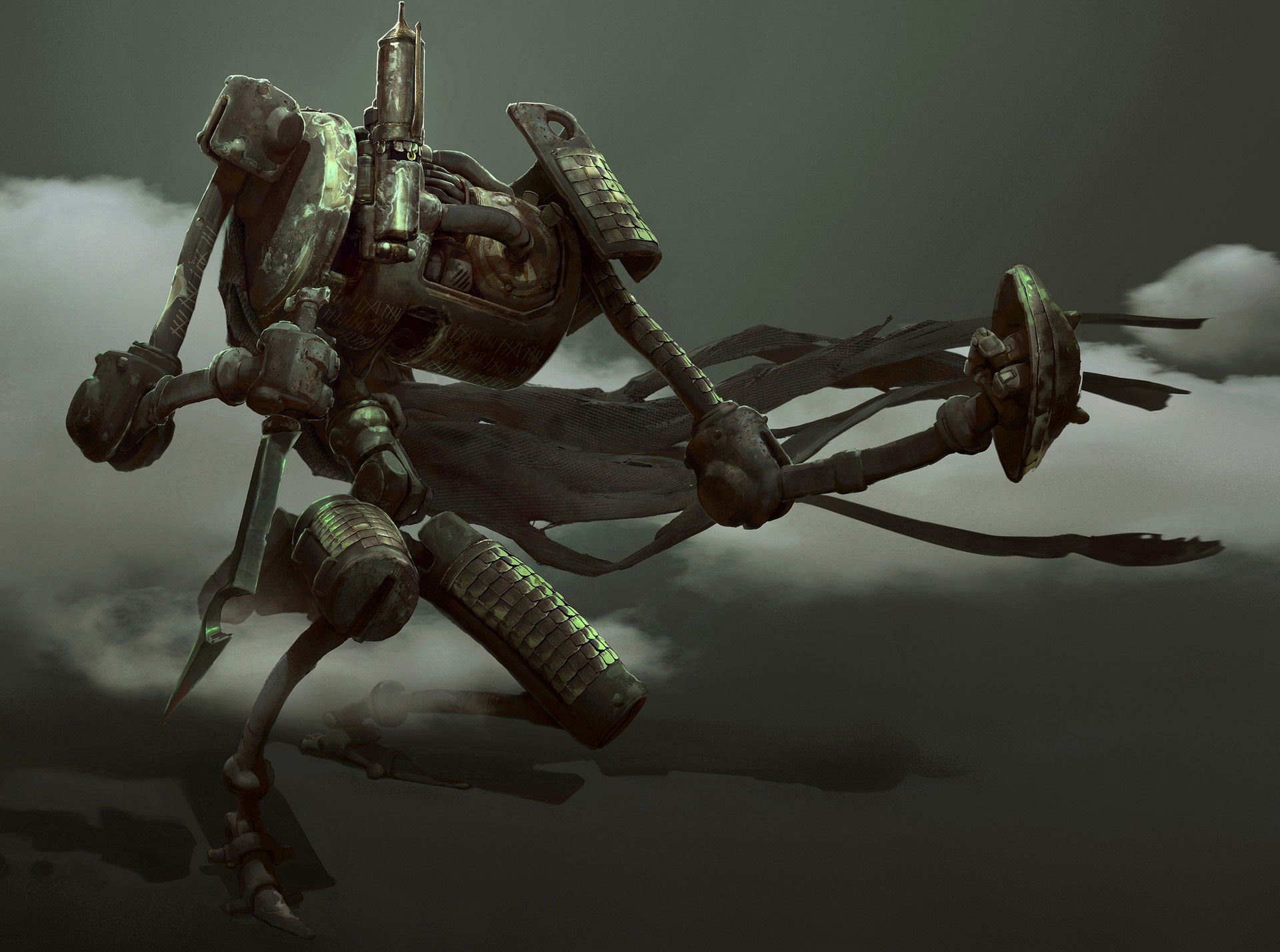 Steampunk insectoid robot with sword and shield HD Wallpaper