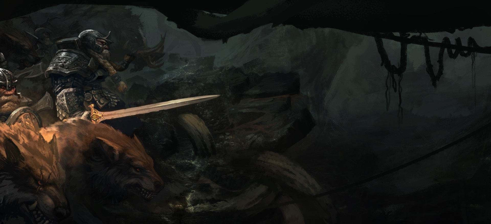Dwarves riding wolves in a dark cave HD Wallpaper