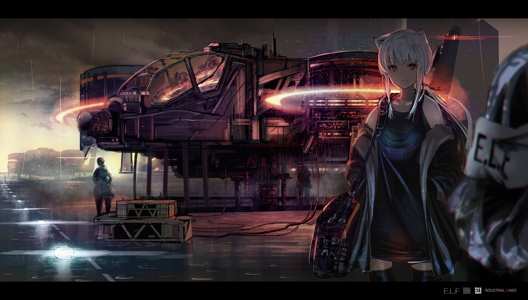Anime girl with animal ears and a futuristic helicopter HD Wallpaper