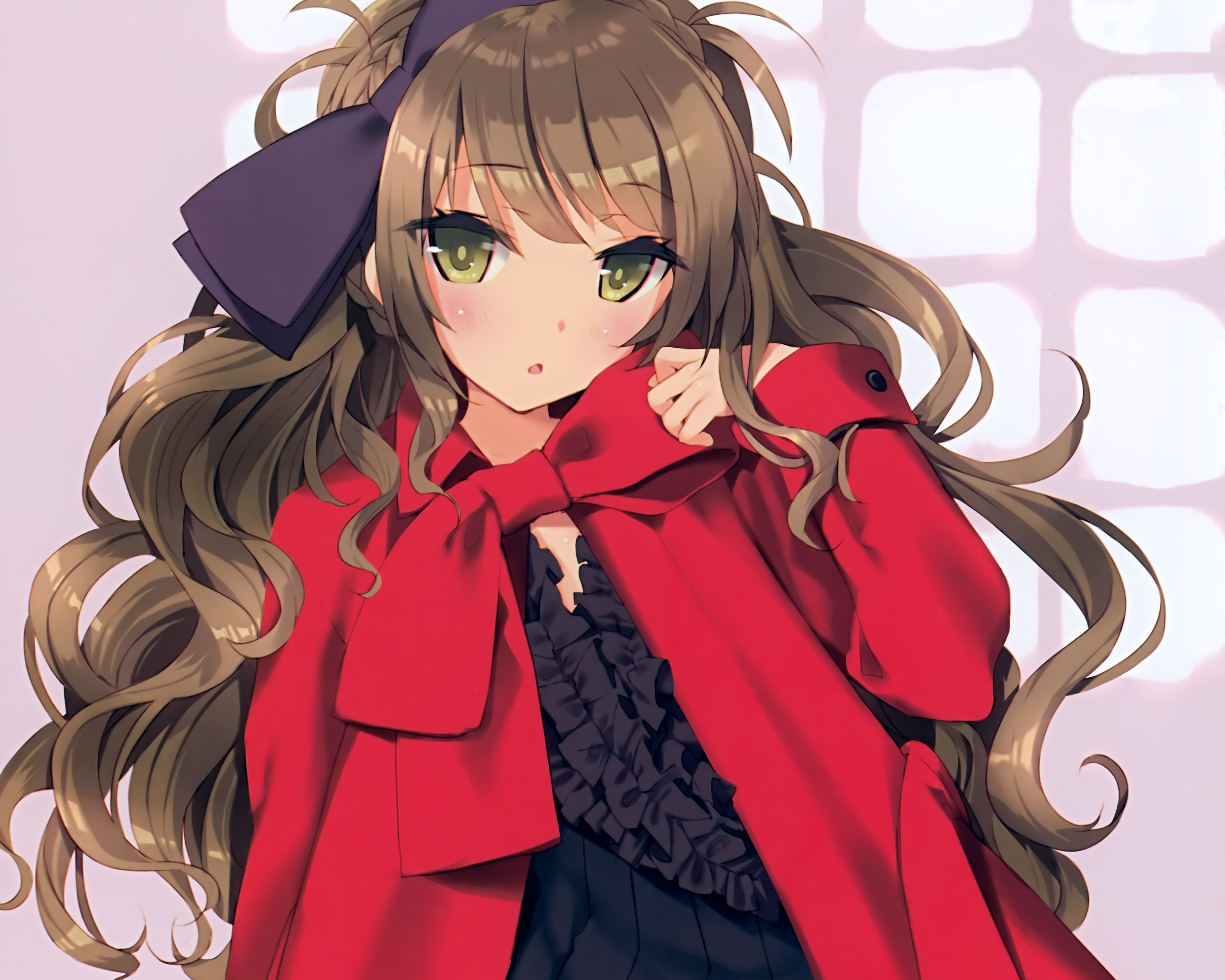 Anime girl with long brown hair and red coat HD Wallpaper